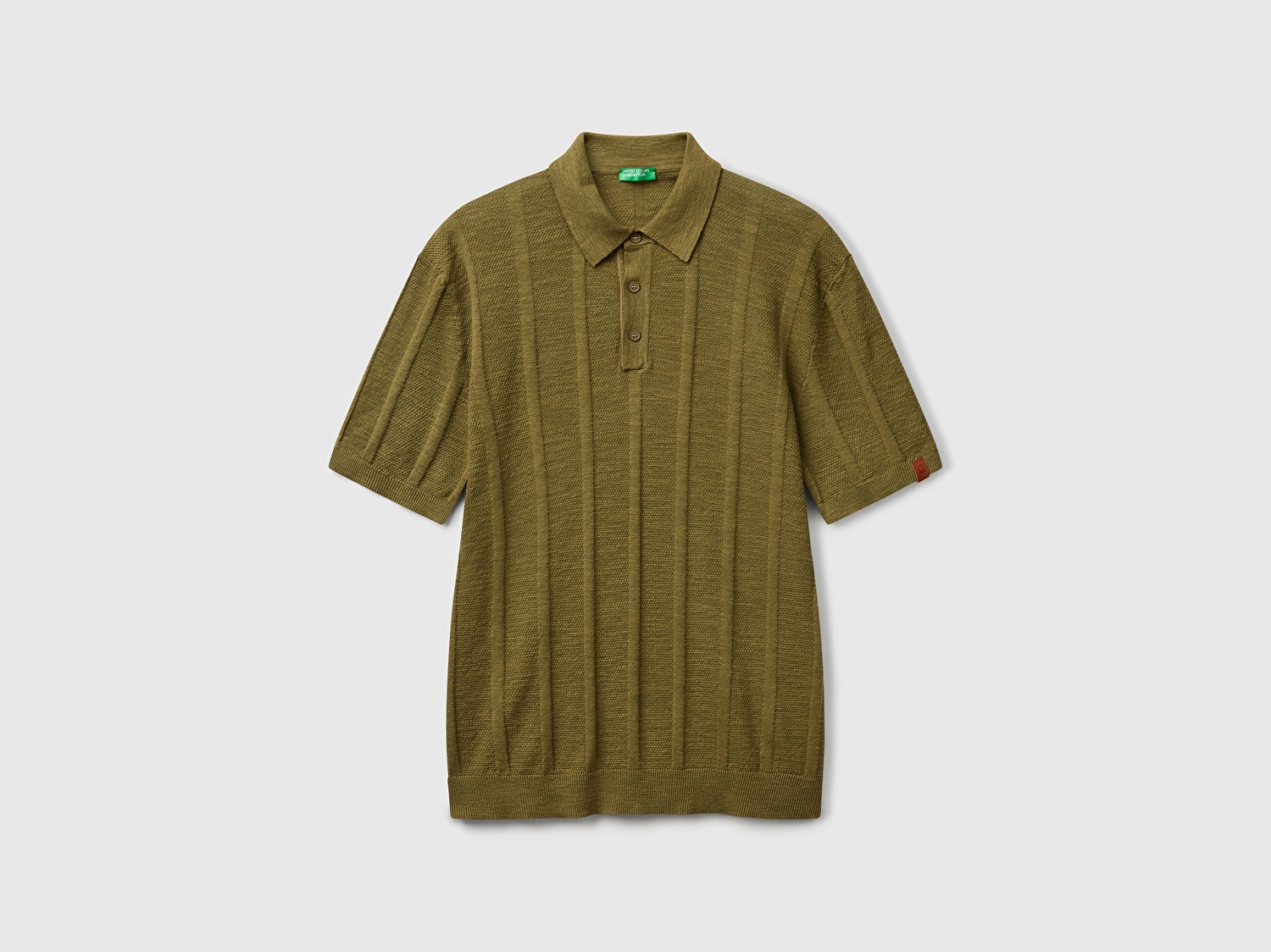 Benetton Erkek Haki Keten Karışımlı Kontrastlı Düğmeli Regular Fit Polo Yaka Kazak