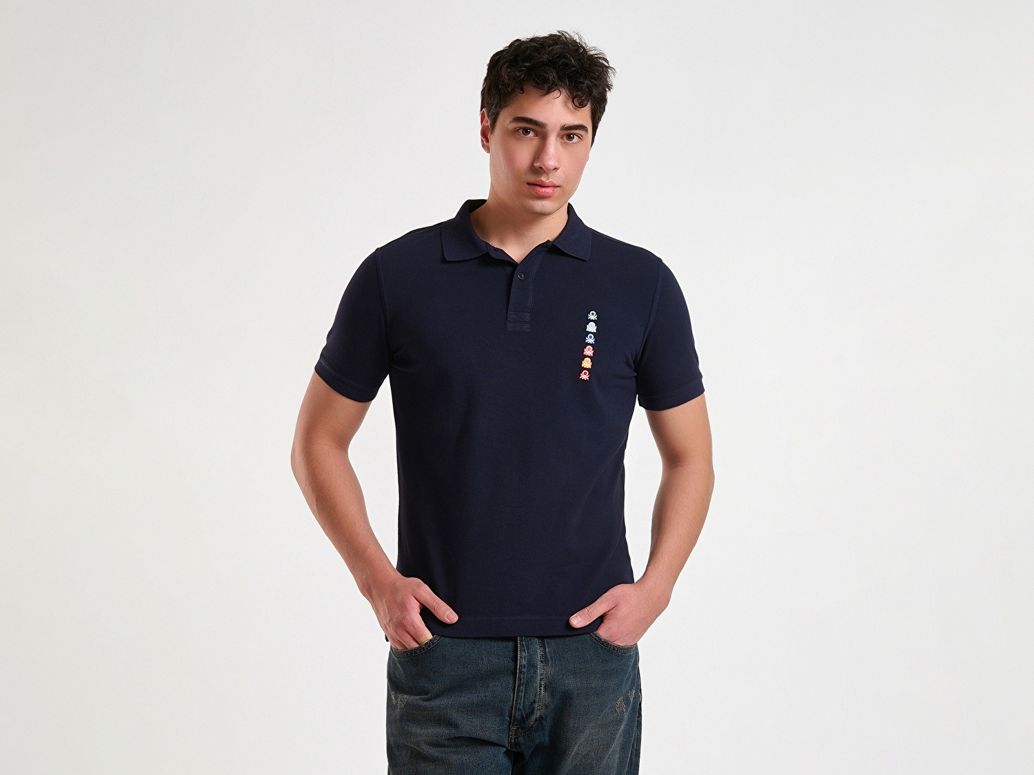 Benetton Erkek Lacivert %100 Pamuk Çok Renkli Logo Baskılı Regular Fit Polo T-Shirt