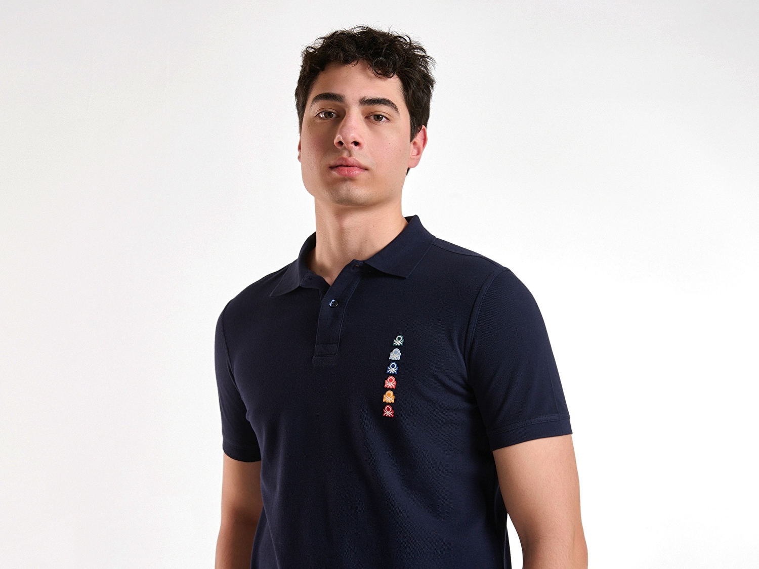 Benetton Erkek Lacivert %100 Pamuk Çok Renkli Logo Baskılı Regular Fit Polo T-Shirt