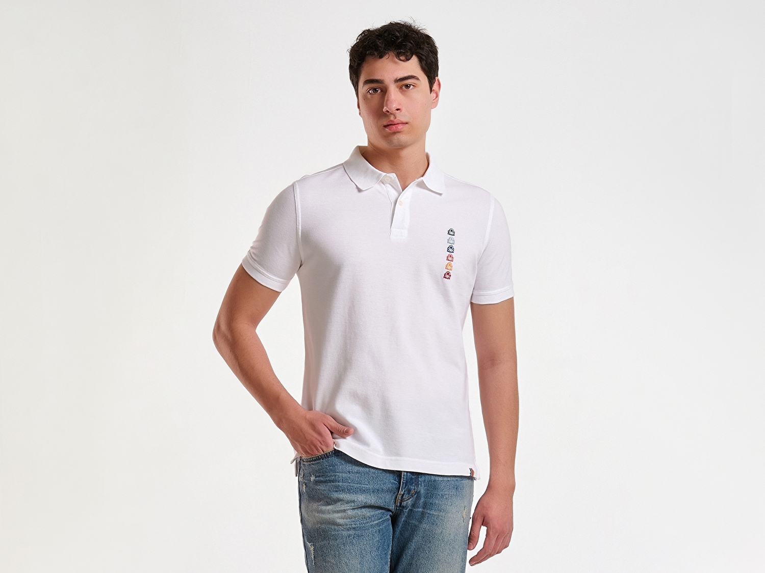 Benetton Erkek Beyaz %100 Pamuk Çok Renkli Logo Baskılı Regular Fit Polo T-Shirt