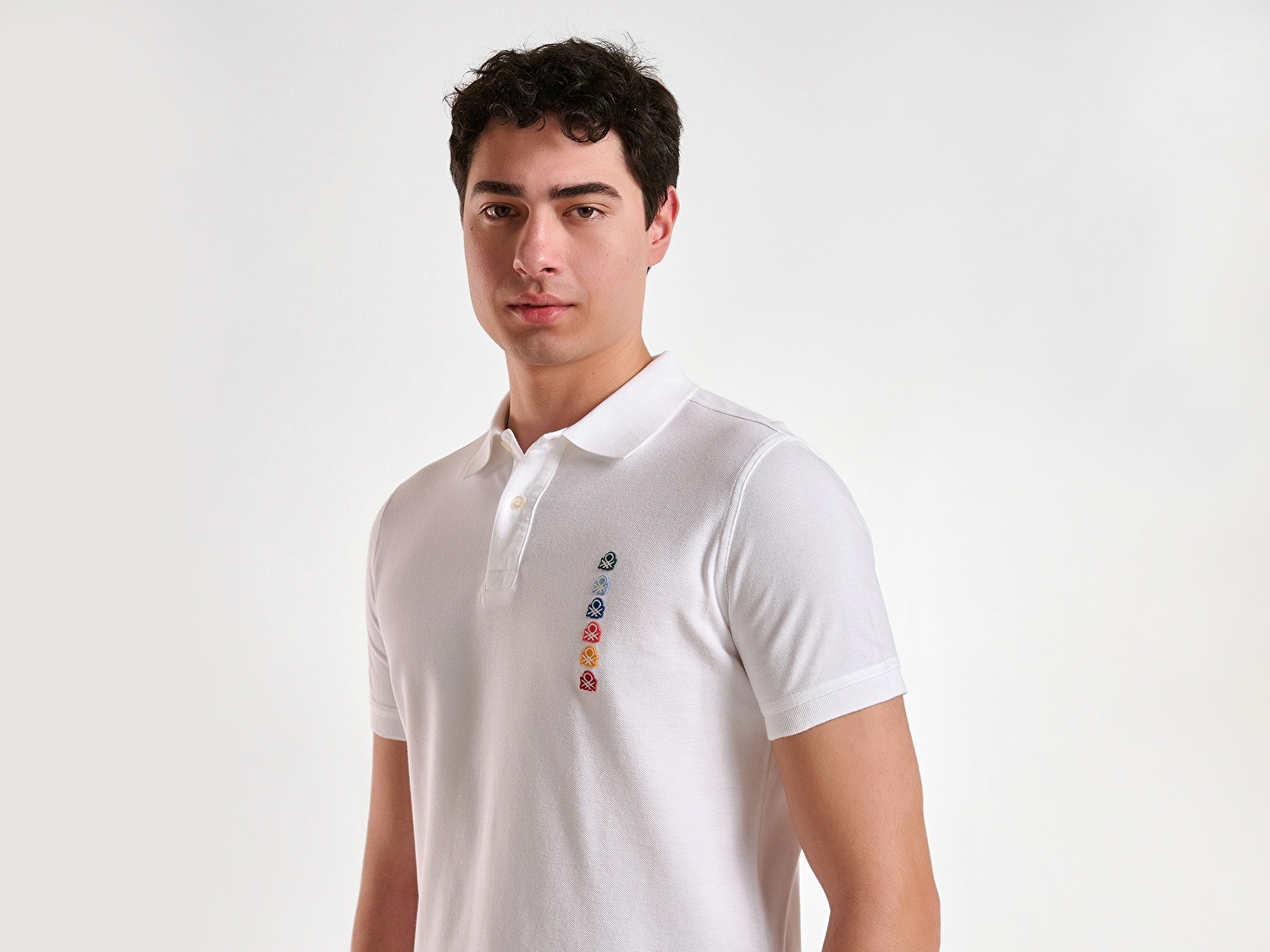 Benetton Erkek Beyaz %100 Pamuk Çok Renkli Logo Baskılı Regular Fit Polo T-Shirt