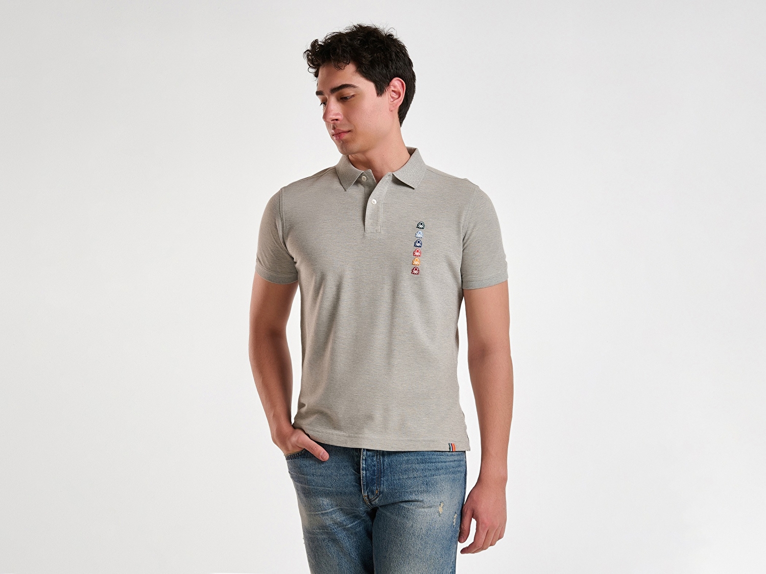 Benetton Erkek Gri Melanj %100 Pamuk Çok Renkli Logo Baskılı Regular Fit Polo T-Shirt
