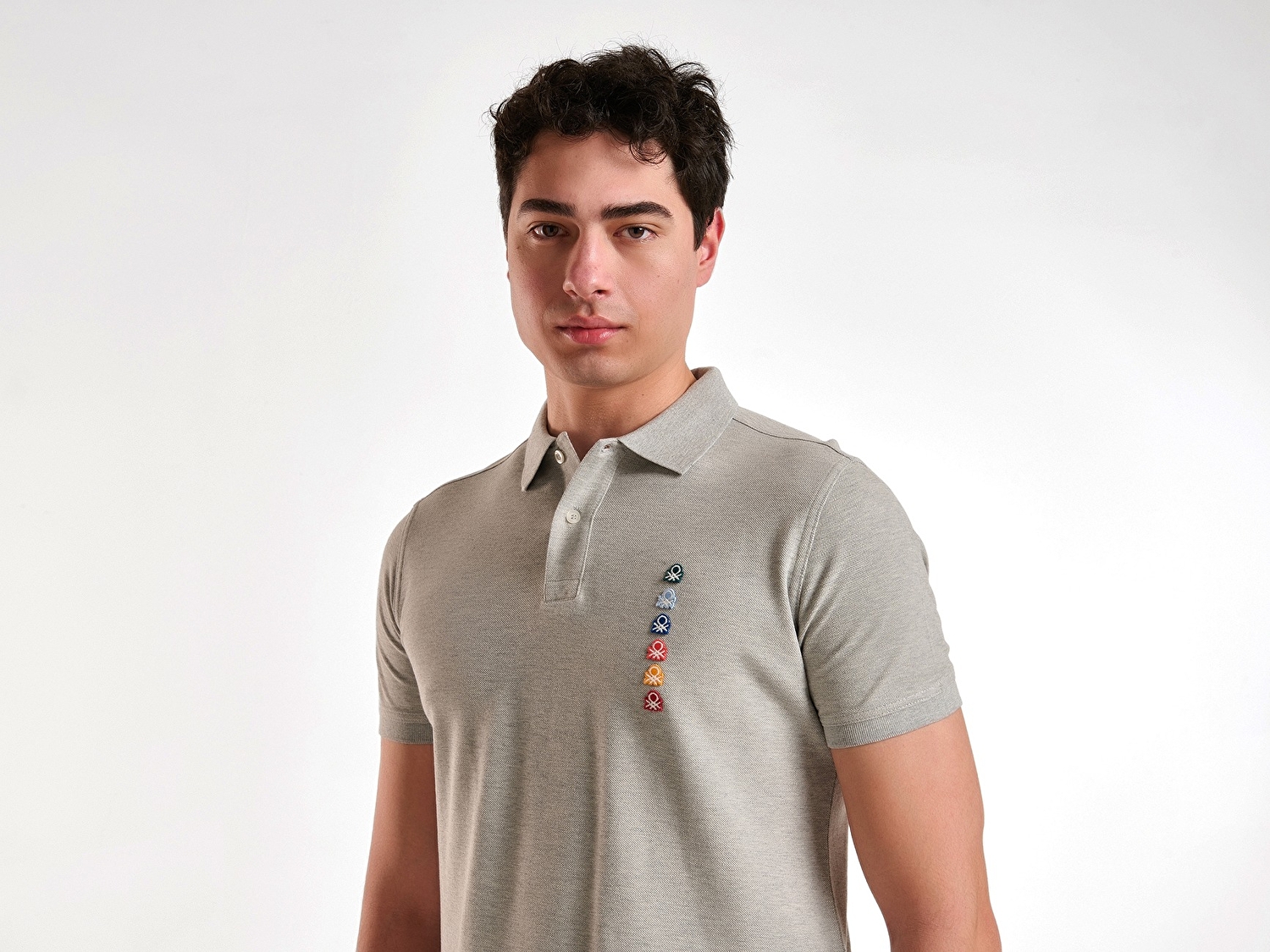 Benetton Erkek Gri Melanj %100 Pamuk Çok Renkli Logo Baskılı Regular Fit Polo T-Shirt