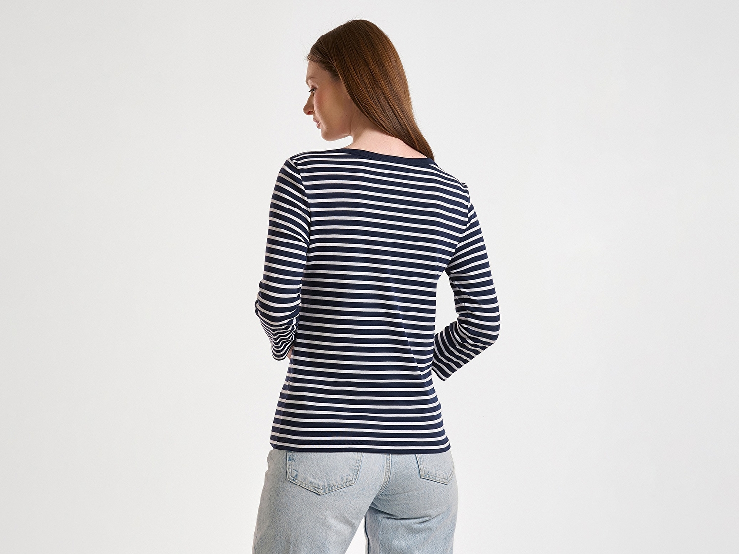 Benetton Kadın Lacivert Mix %100 Pamuk Çizgili Logolu Kayık Yaka Truvakar Kol T-Shirt