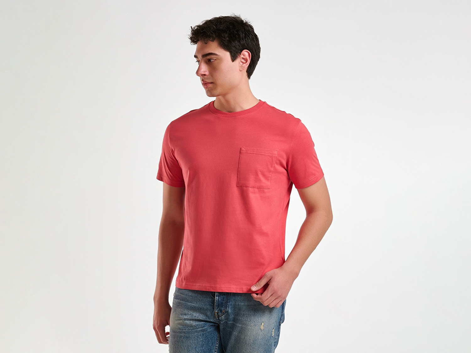 Benetton Erkek Mercan %100 Pamuk Yama Cep Detaylı Oversize T-Shirt