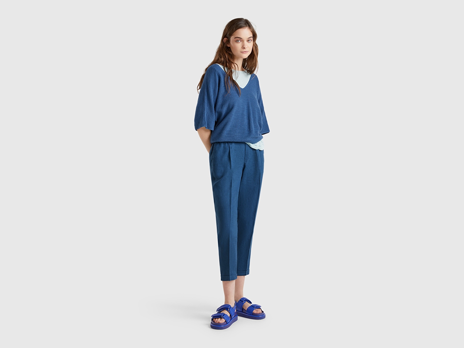 Benetton Kadın Denim %100 Keten Beli Lastikli Pantolon
