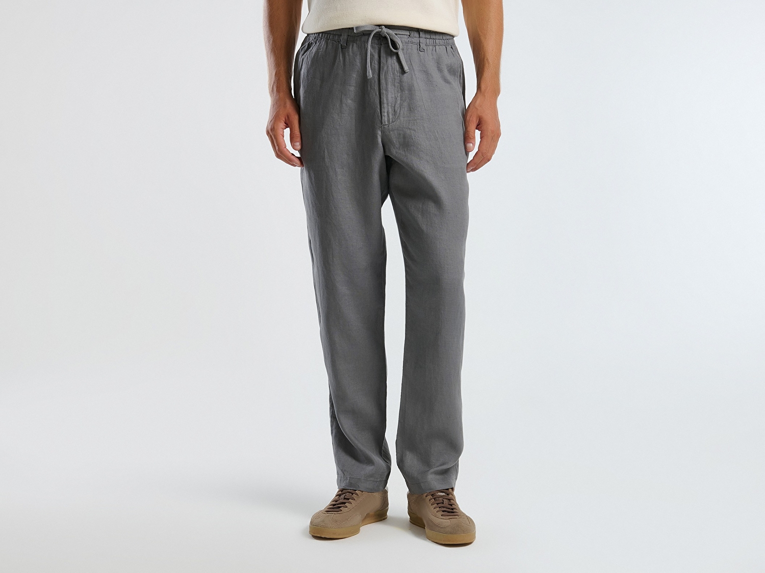 Benetton Erkek Gri %100 Keten Beli İpli Pantolon