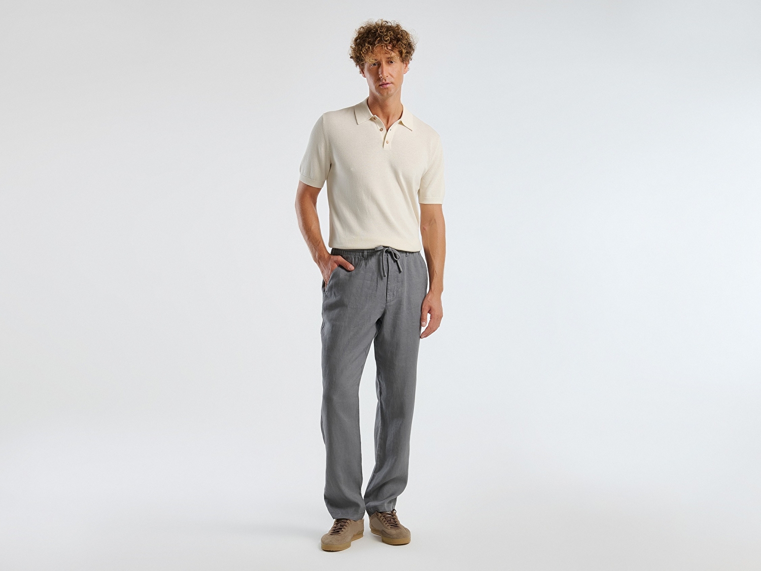 Benetton Erkek Gri %100 Keten Beli İpli Pantolon
