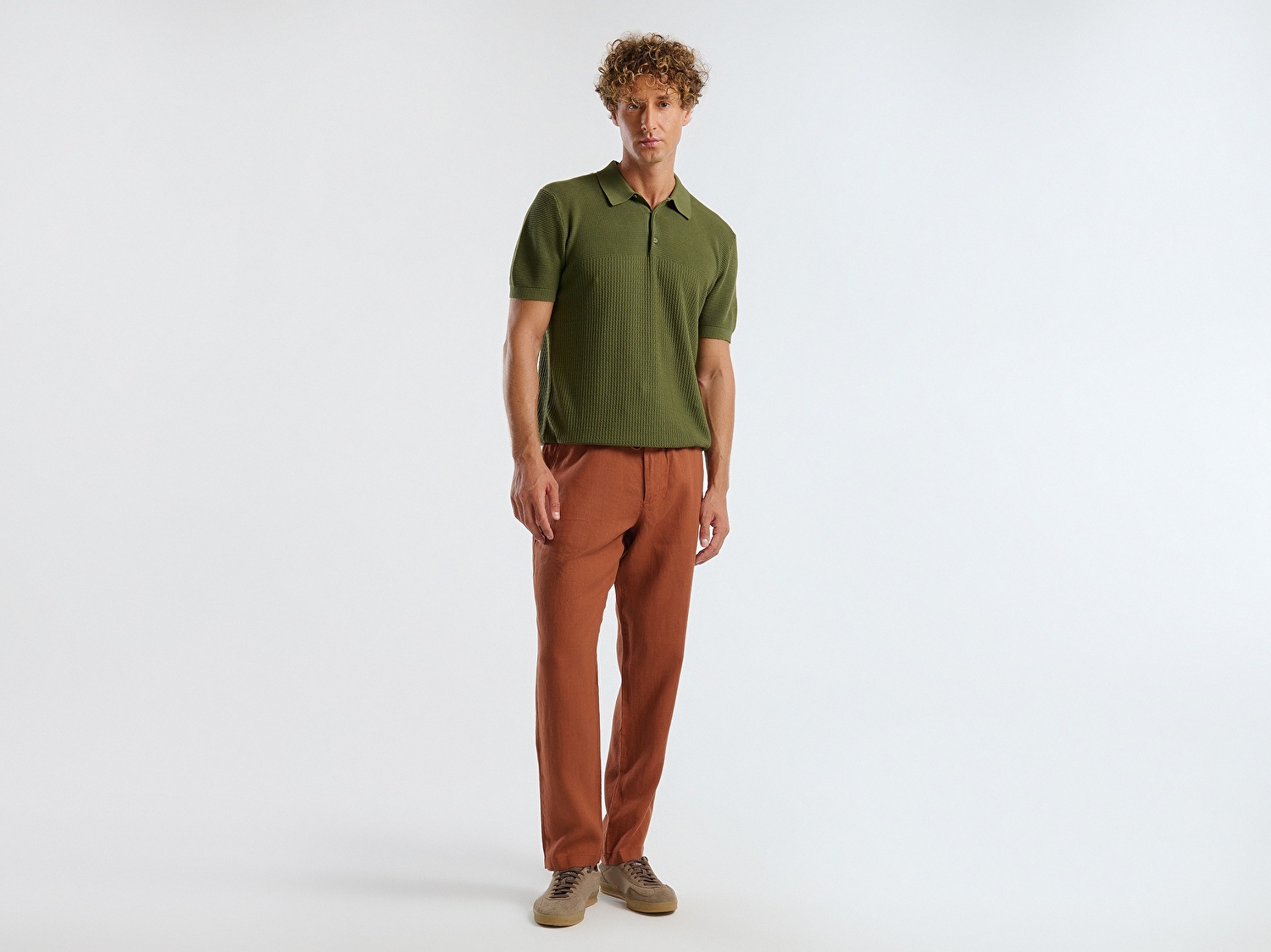 Benetton Erkek Koyu Kahverengi %100 Keten Beli İpli Pantolon