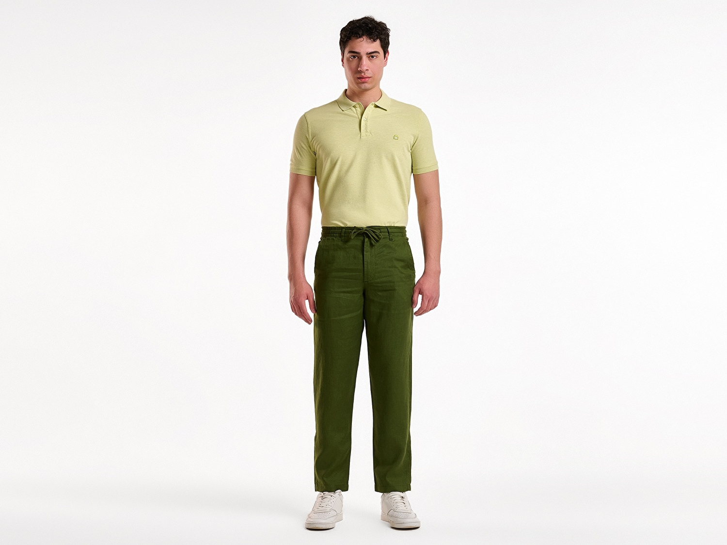 Benetton Erkek Koyu Yeşil %100 Keten Beli İpli Pantolon