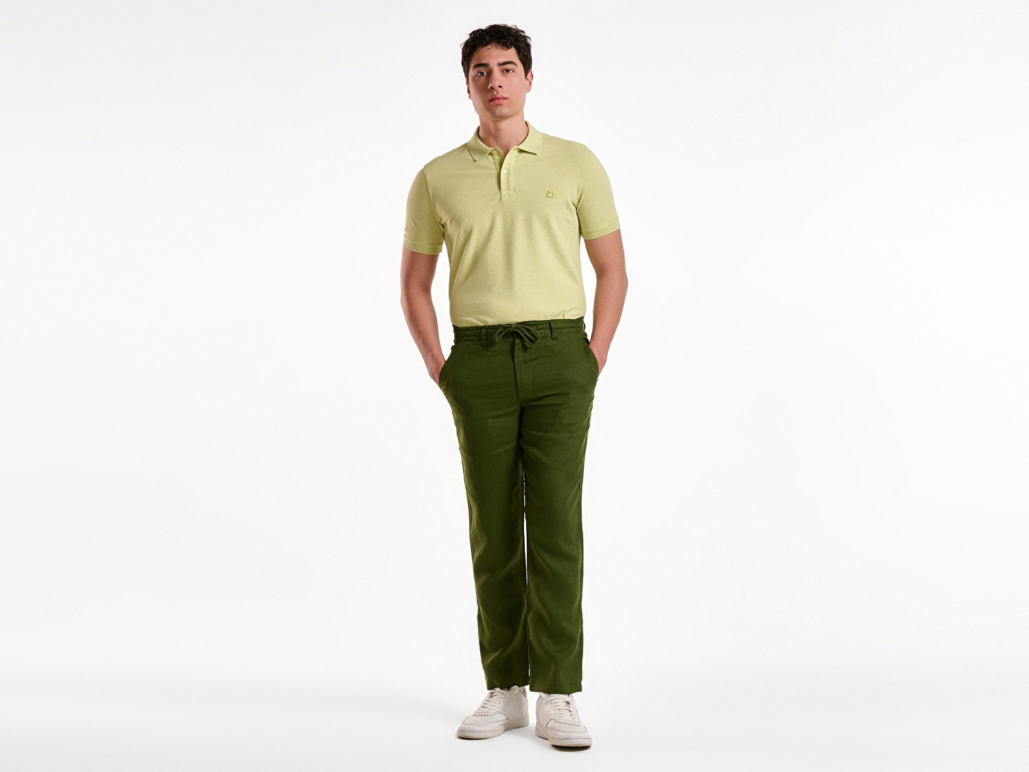 Benetton Erkek Koyu Yeşil %100 Keten Beli İpli Pantolon