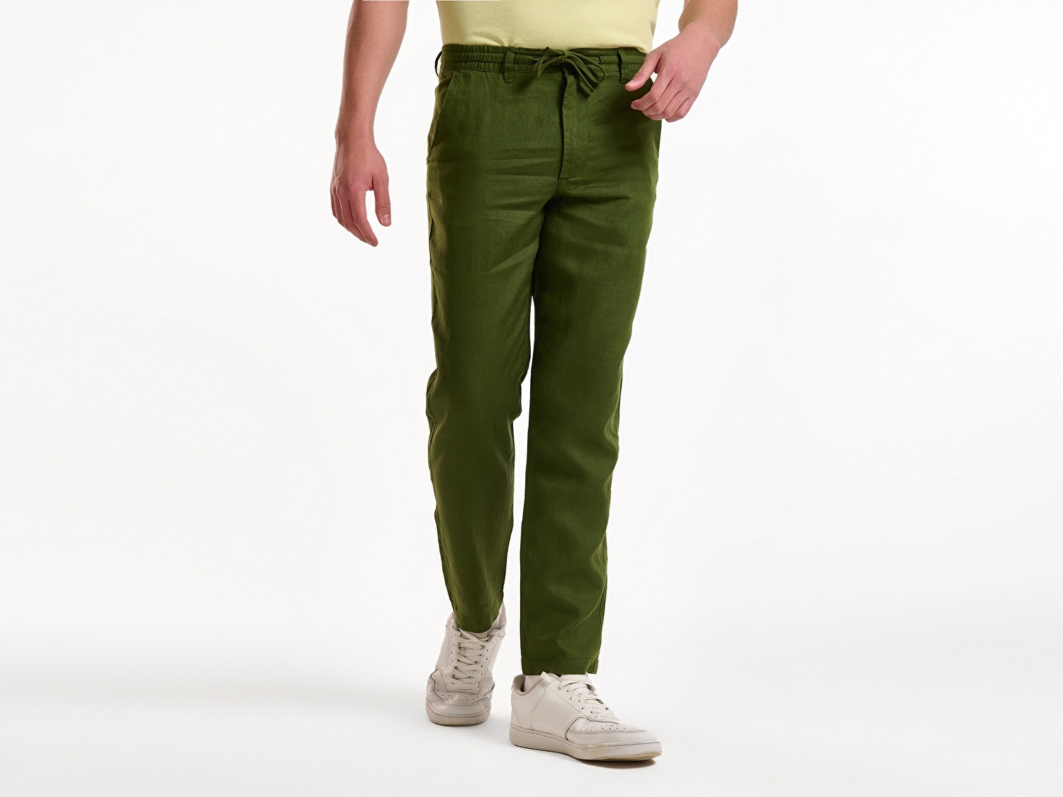 Benetton Erkek Koyu Yeşil %100 Keten Beli İpli Pantolon