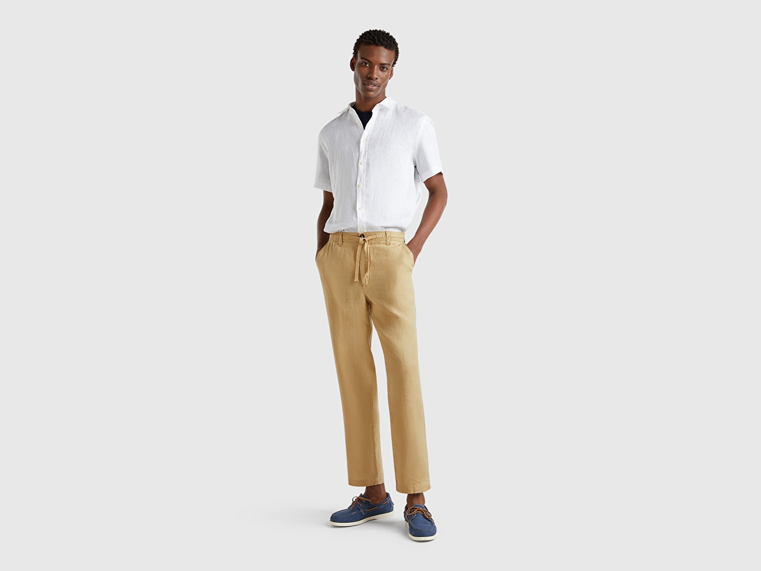 Benetton Erkek Bej %100 Keten Beli İpli Pantolon