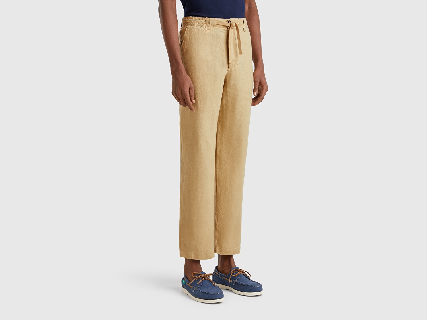 Benetton Erkek Bej %100 Keten Beli İpli Pantolon