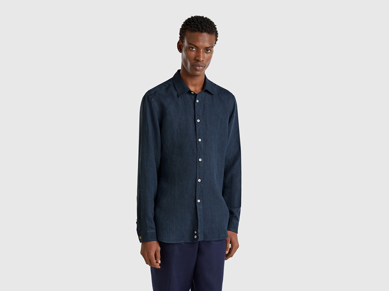 Benetton Erkek Lacivert %100 Keten Gömlek