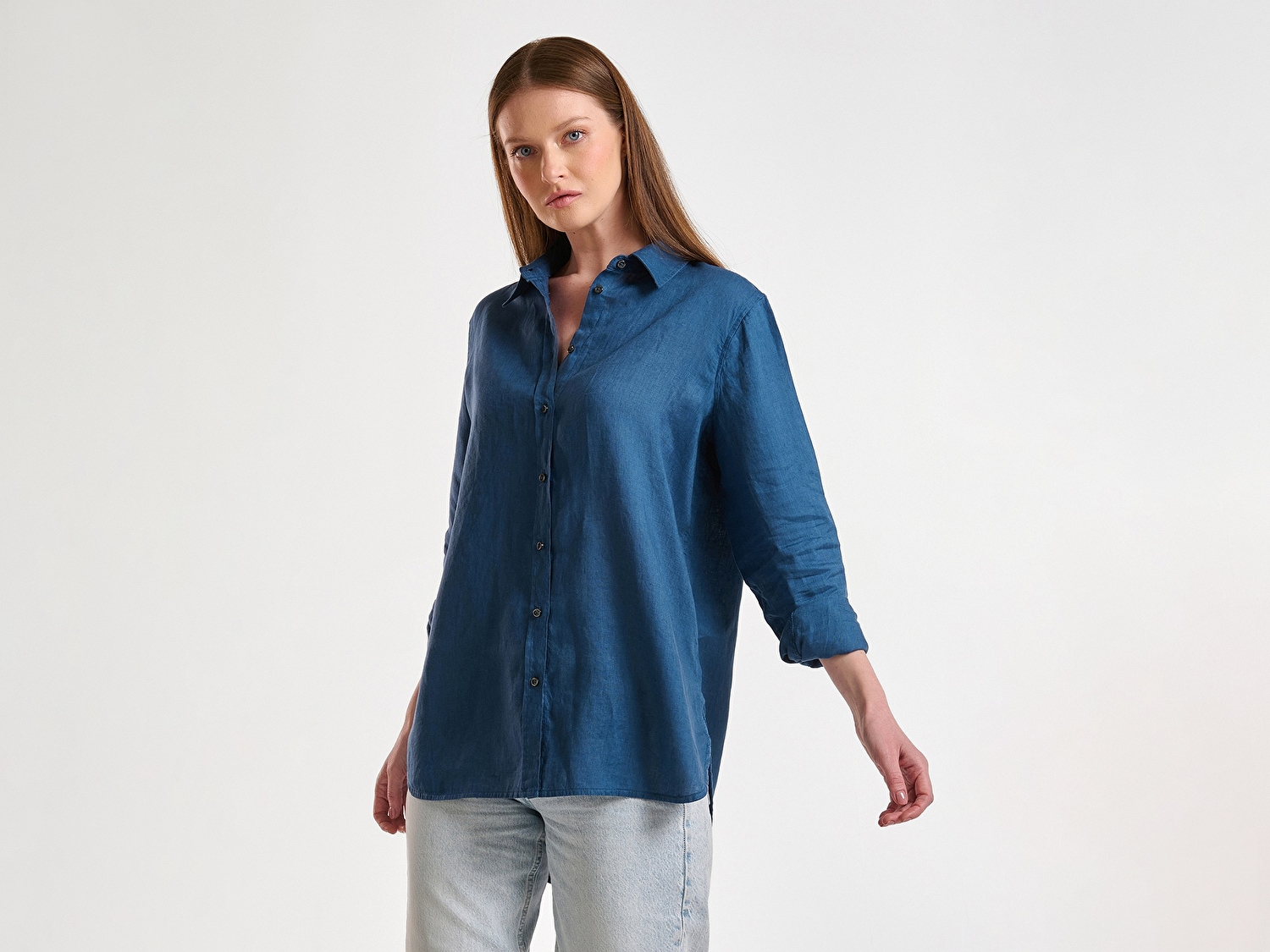 Benetton Kadın Denim %100 Keten Gömlek