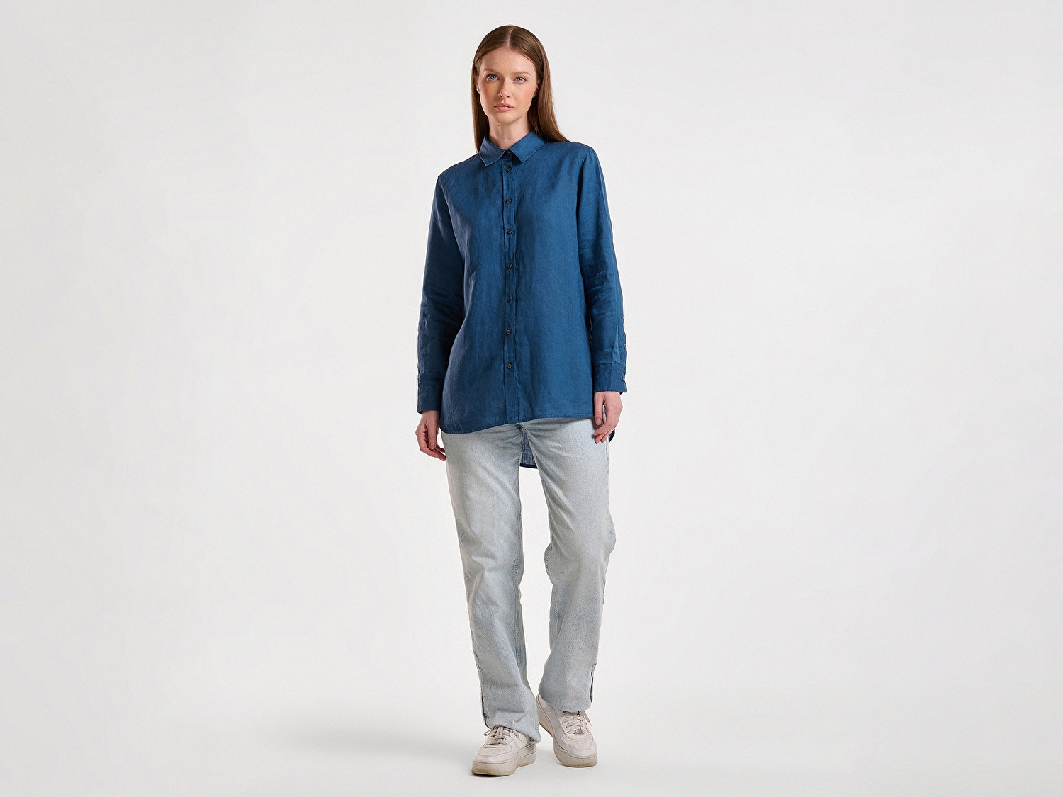 Benetton Kadın Denim %100 Keten Gömlek