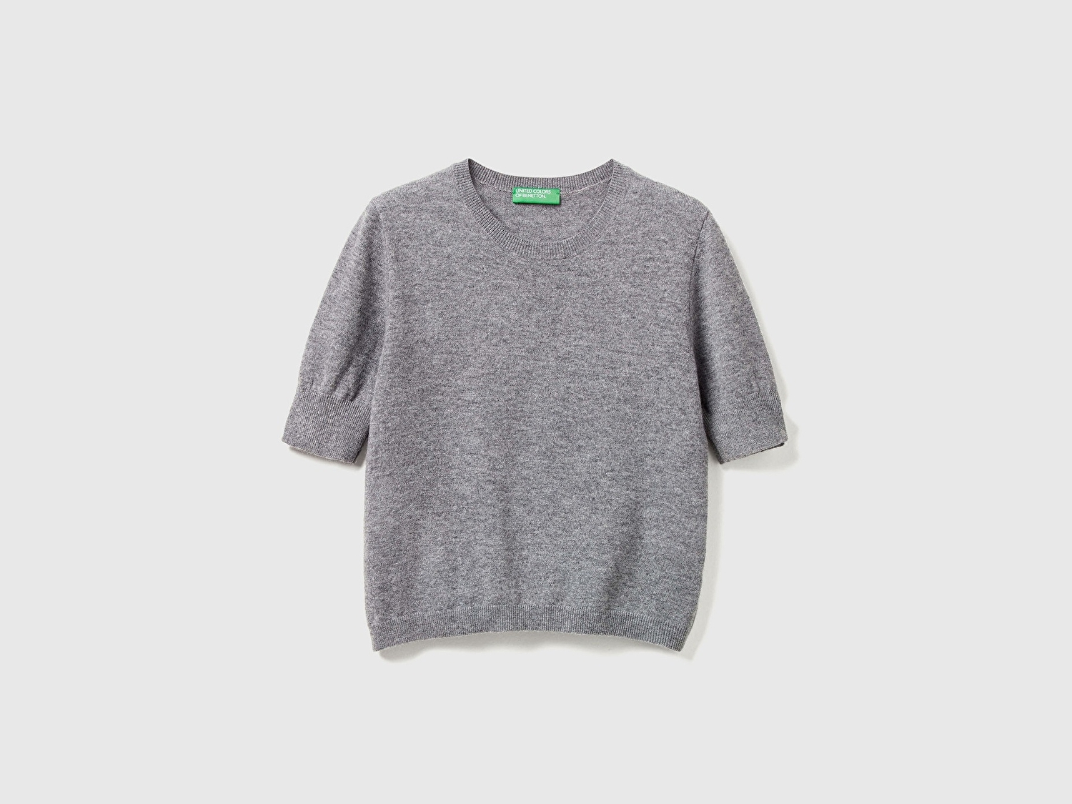 Benetton Kadın Antrasit Melanj %100 Merino Bisiklet Yaka  Kısa Kollu Kazak