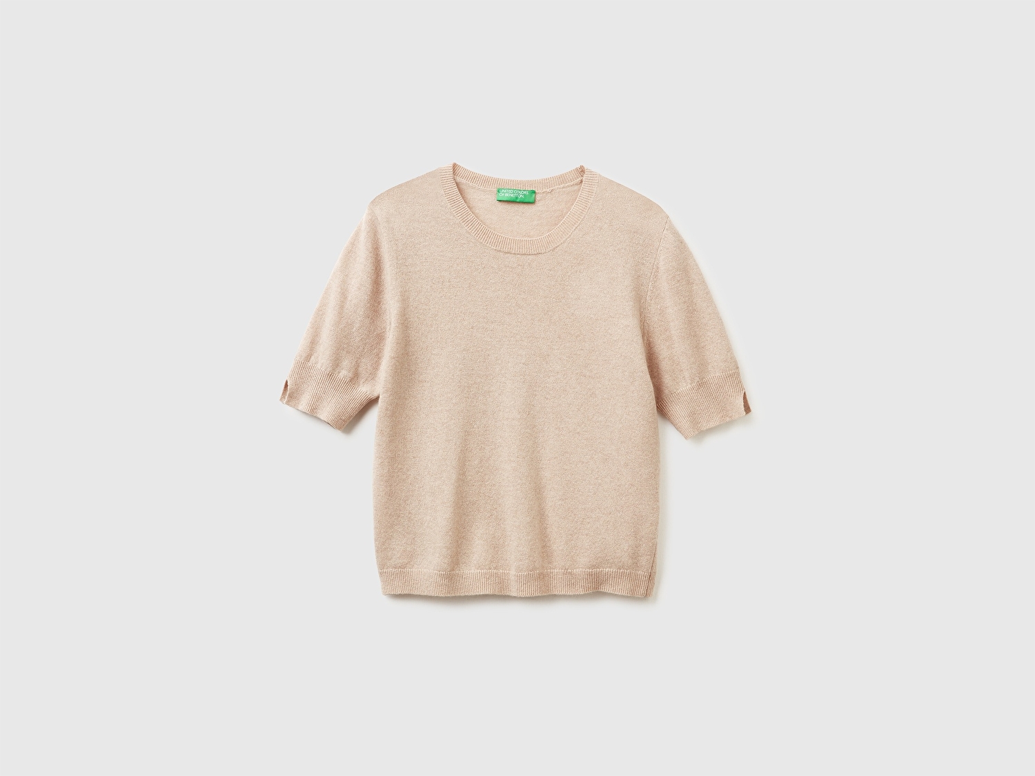 Benetton Kadın Ekru %100 Merino Bisiklet Yaka  Kısa Kollu Kazak