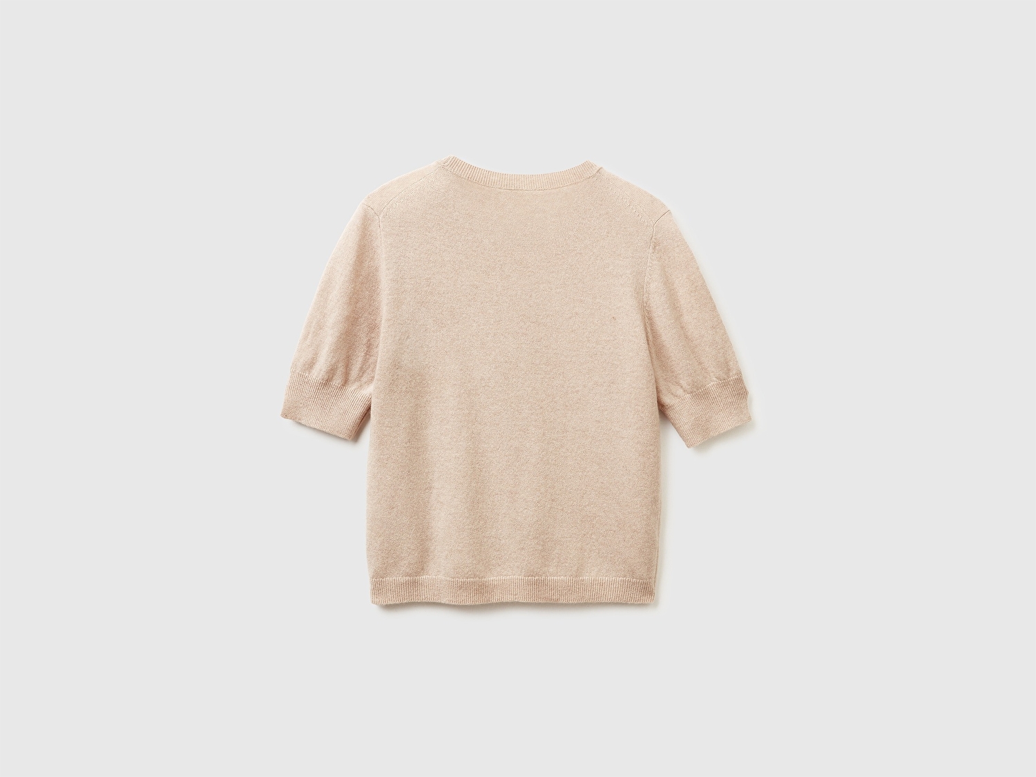 Benetton Kadın Ekru %100 Merino Bisiklet Yaka  Kısa Kollu Kazak
