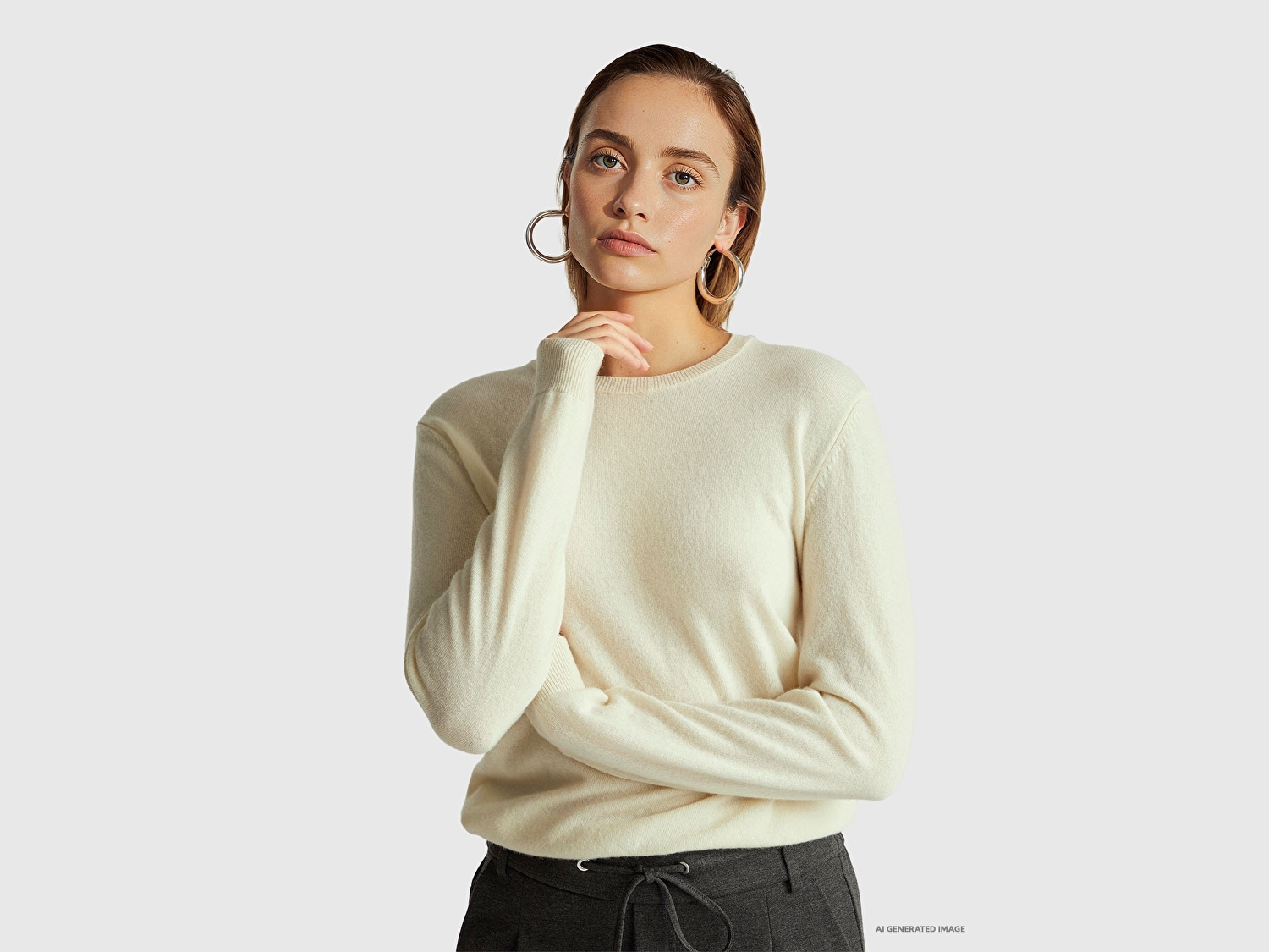 Benetton Kadın Krem %100 Merino Bisiklet Yaka Kazak