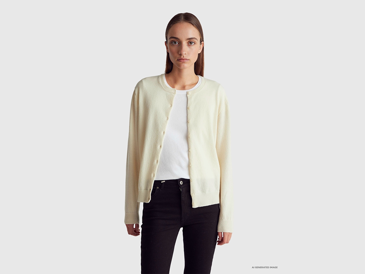 Benetton Kadın Krem %100 Merino Bisiklet Yaka  Hırka