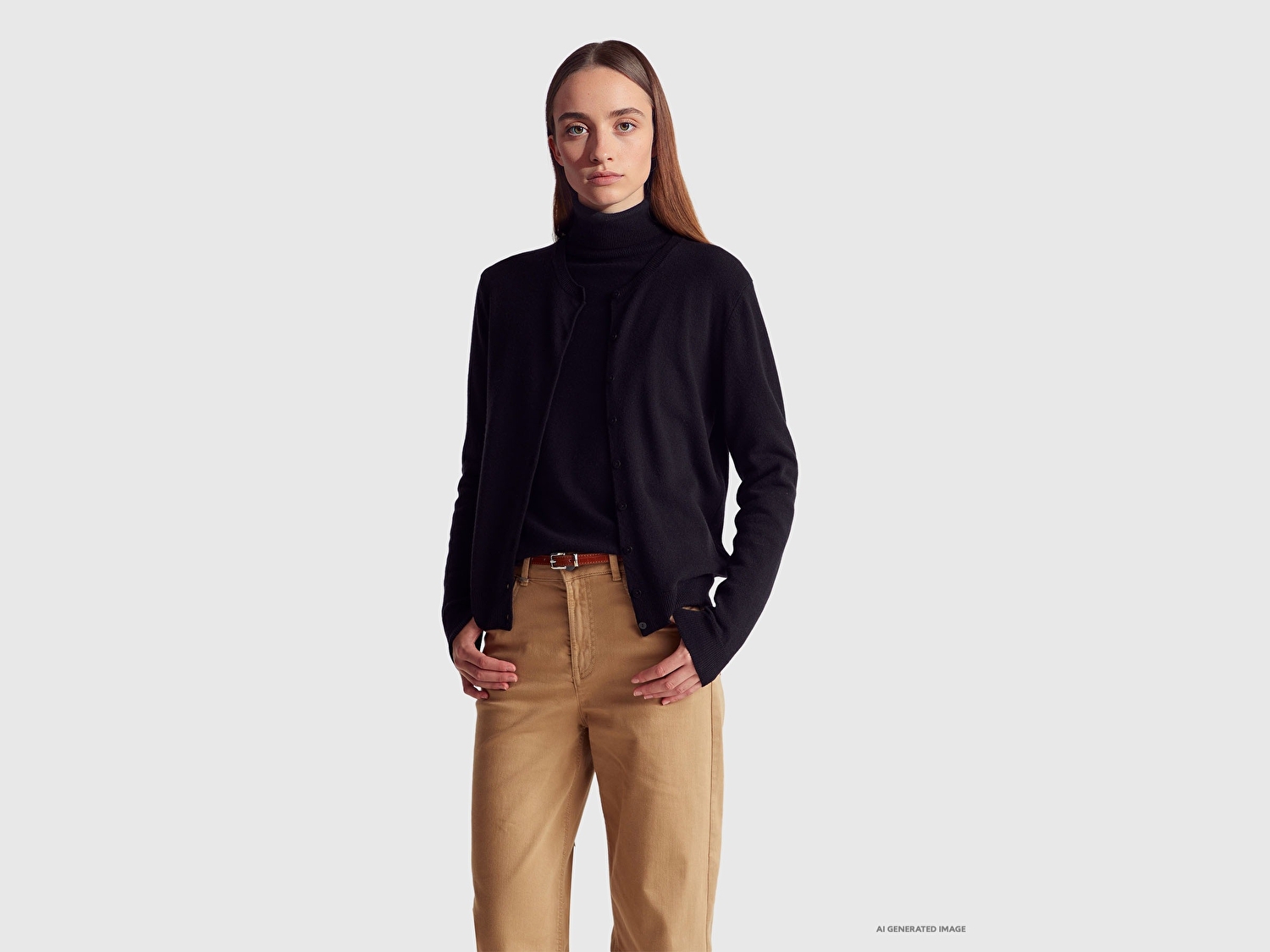 Benetton Kadın Siyah %100 Merino Bisiklet Yaka  Hırka