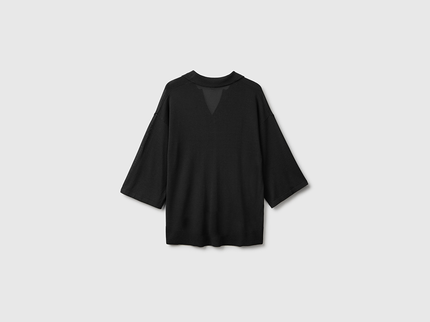 Benetton Kadın Siyah Viskoz Karışımlı Oversize Ribanalı Polo Yaka Kazak
