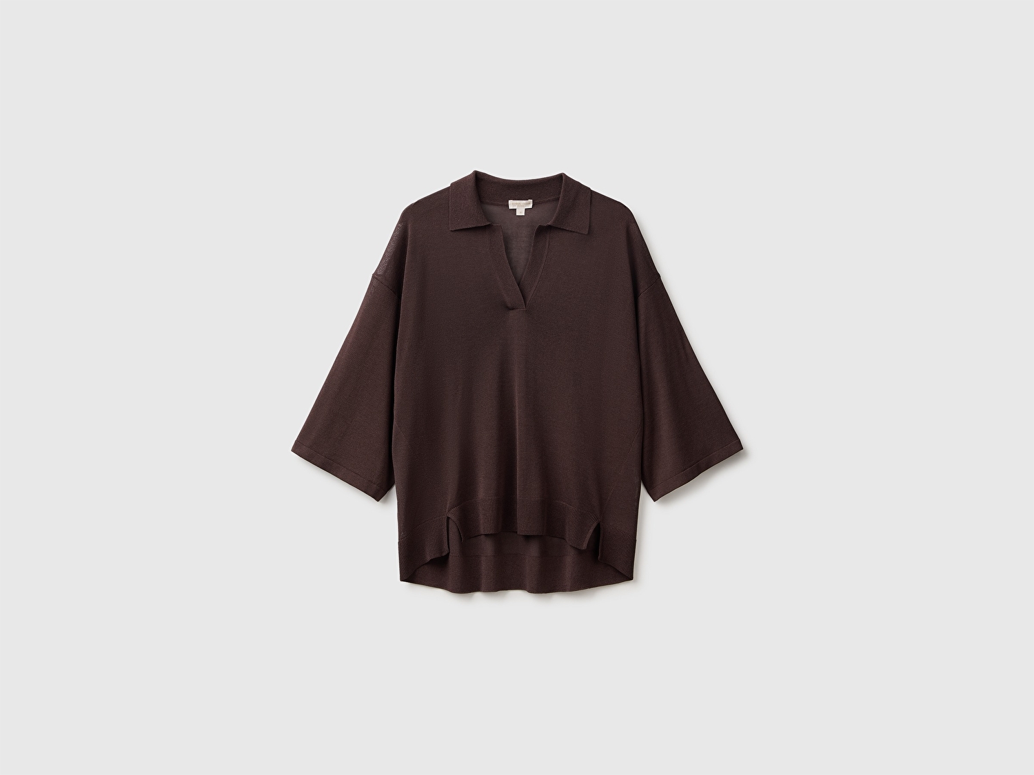 Benetton Kadın Koyu Kahverengi Viskoz Karışımlı Oversize Ribanalı Polo Yaka Kazak
