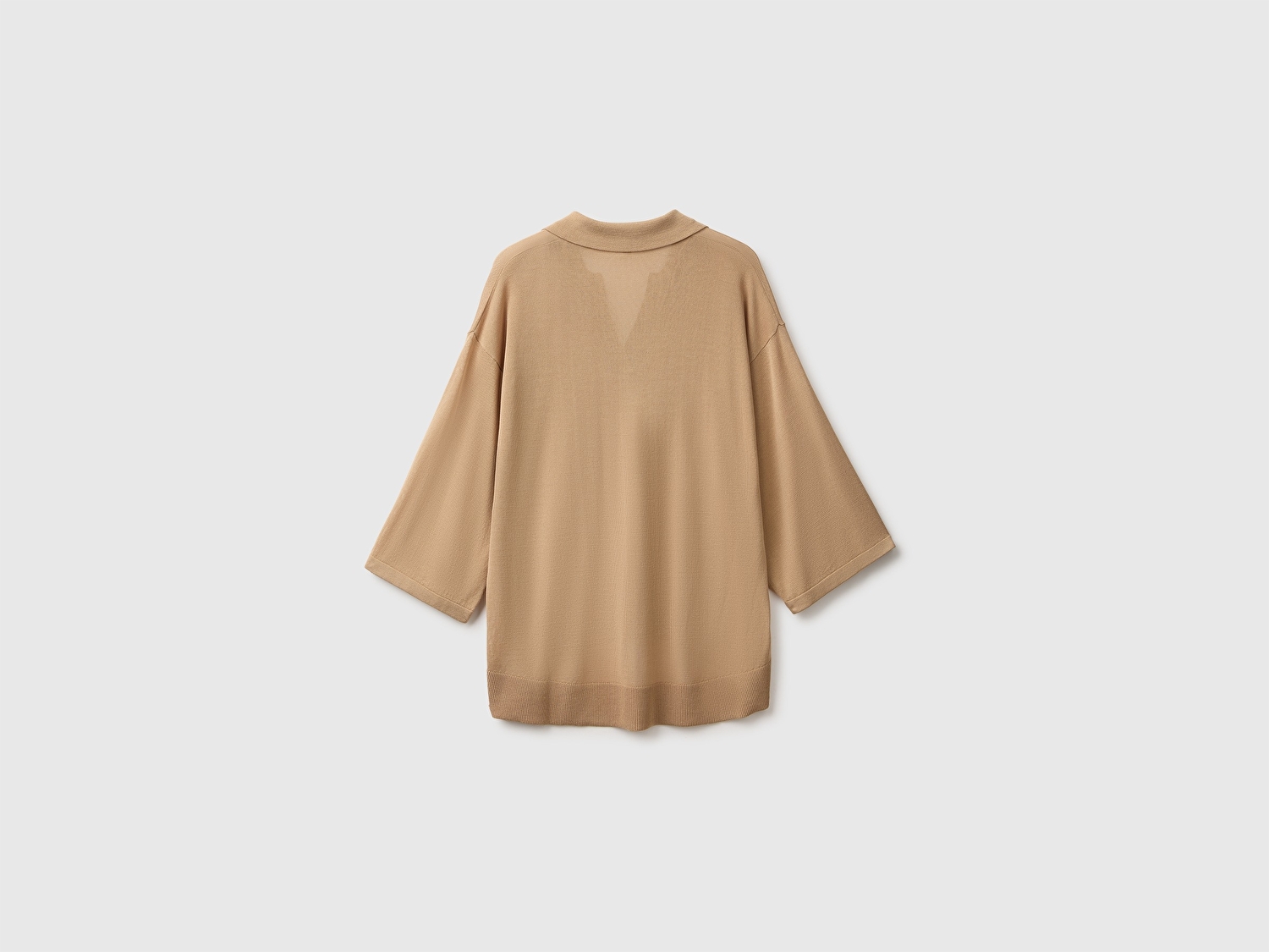 Benetton Kadın Bej Viskoz Karışımlı Oversize Ribanalı Polo Yaka Kazak