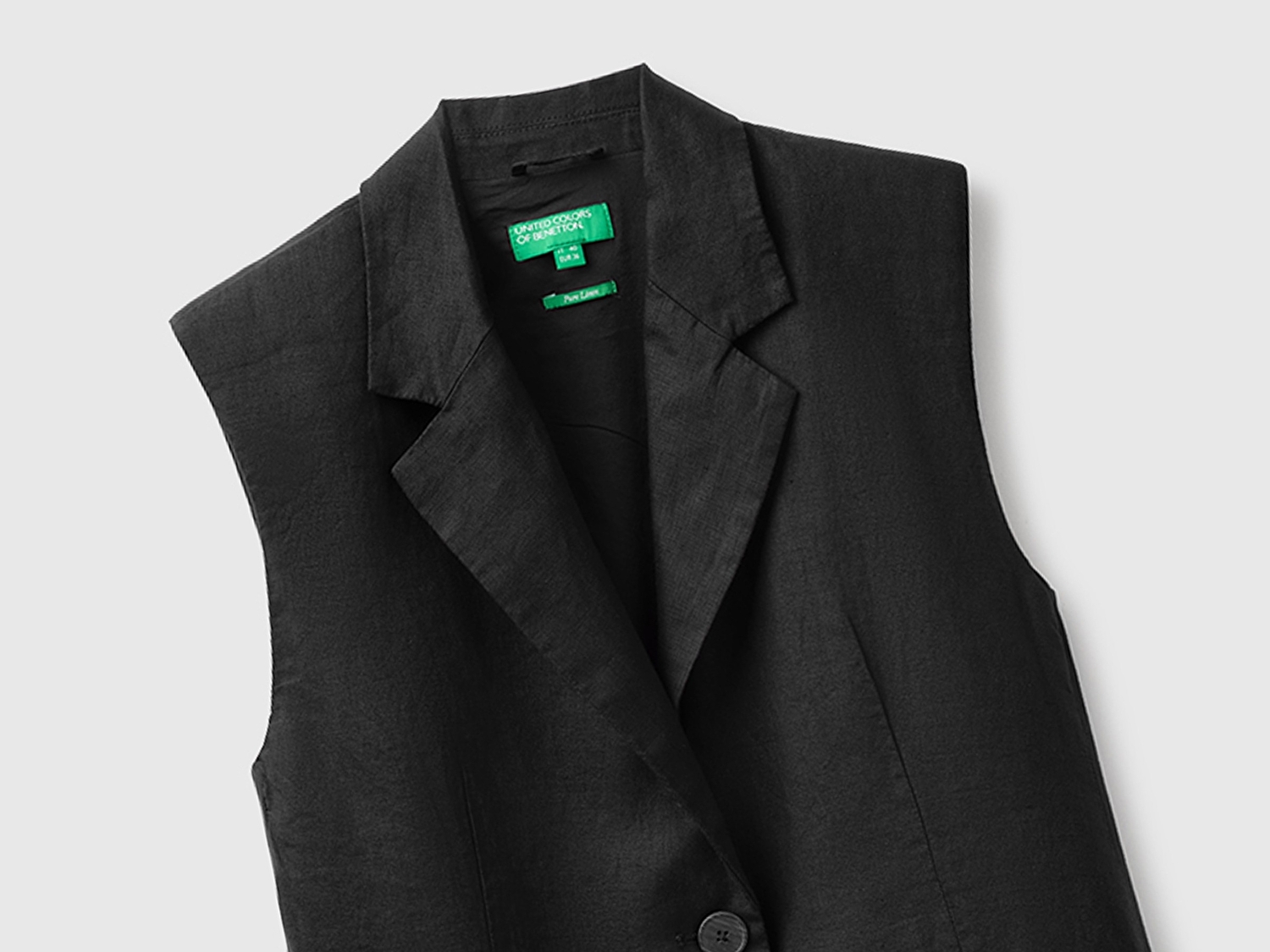 Benetton Kadın Siyah %100 Keten Cepli Düğmeli Yelek