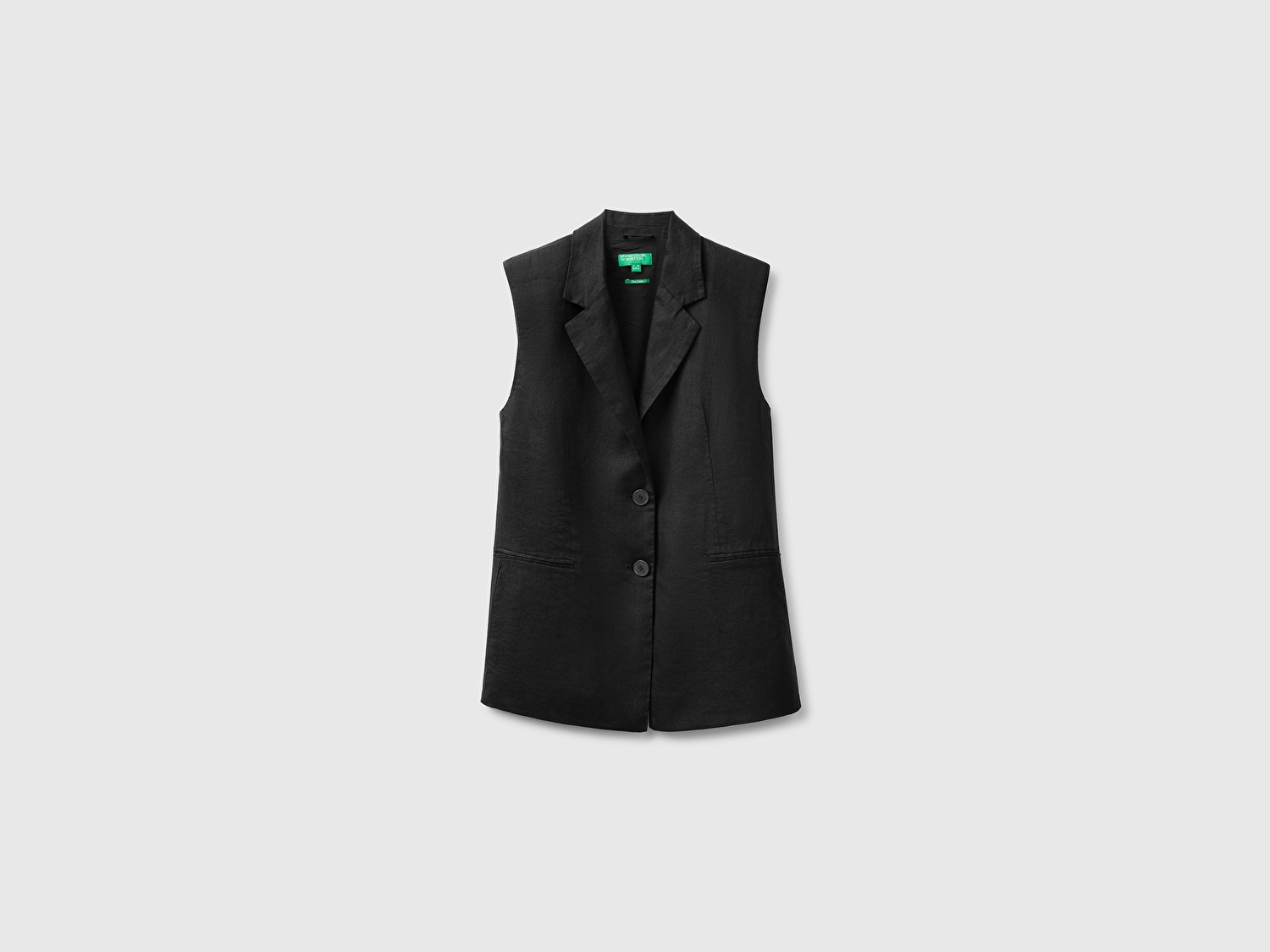 Benetton Kadın Siyah %100 Keten Cepli Düğmeli Yelek