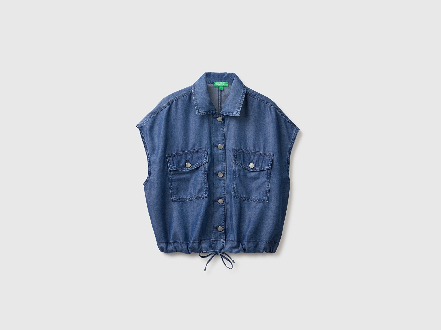 Benetton Kadın Açık Mavi Tencel Denim Büzgü Detaylı Gömlek Yaka Yelek