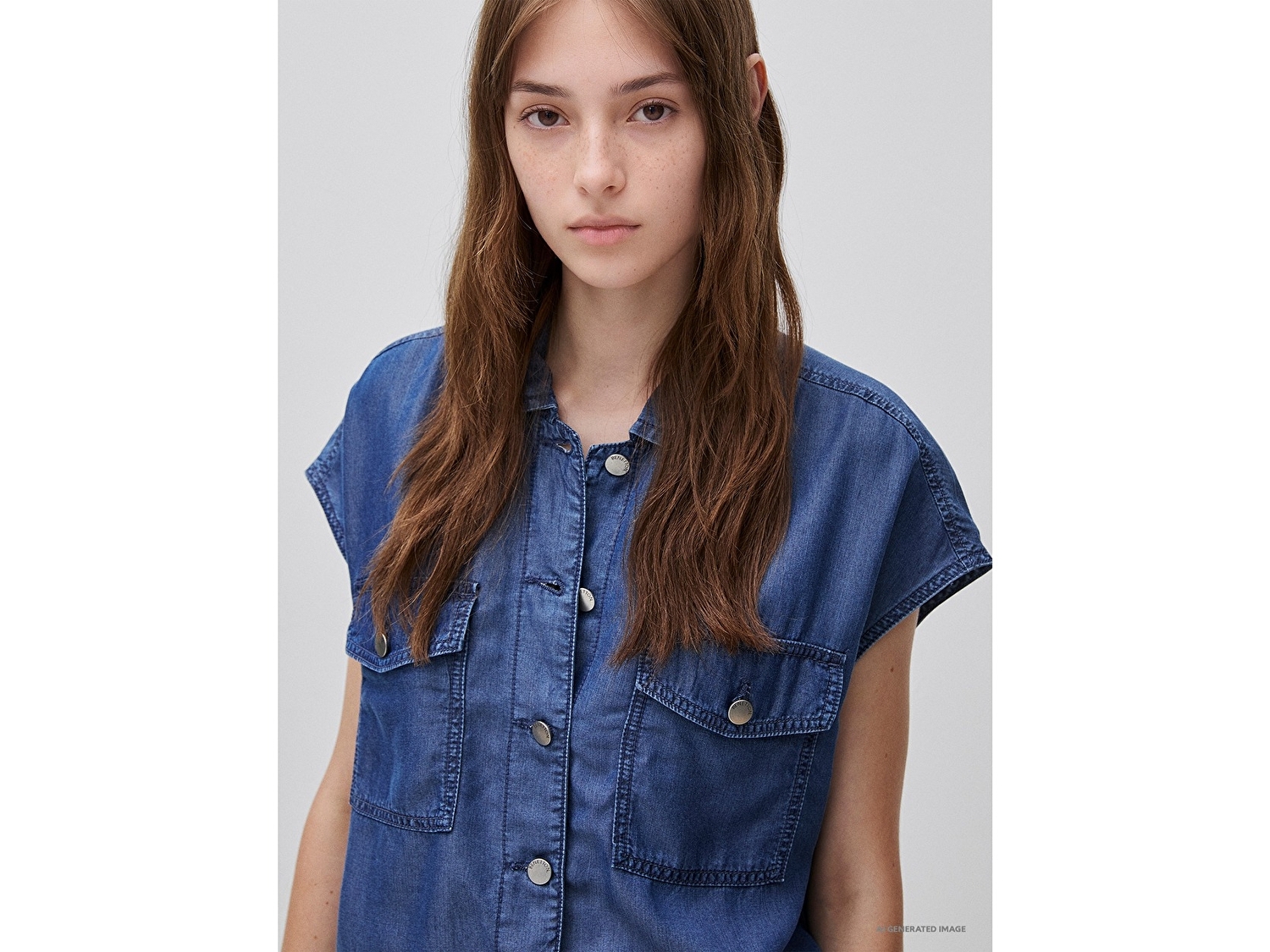 Benetton Kadın Açık Mavi Tencel Denim Büzgü Detaylı Gömlek Yaka Yelek