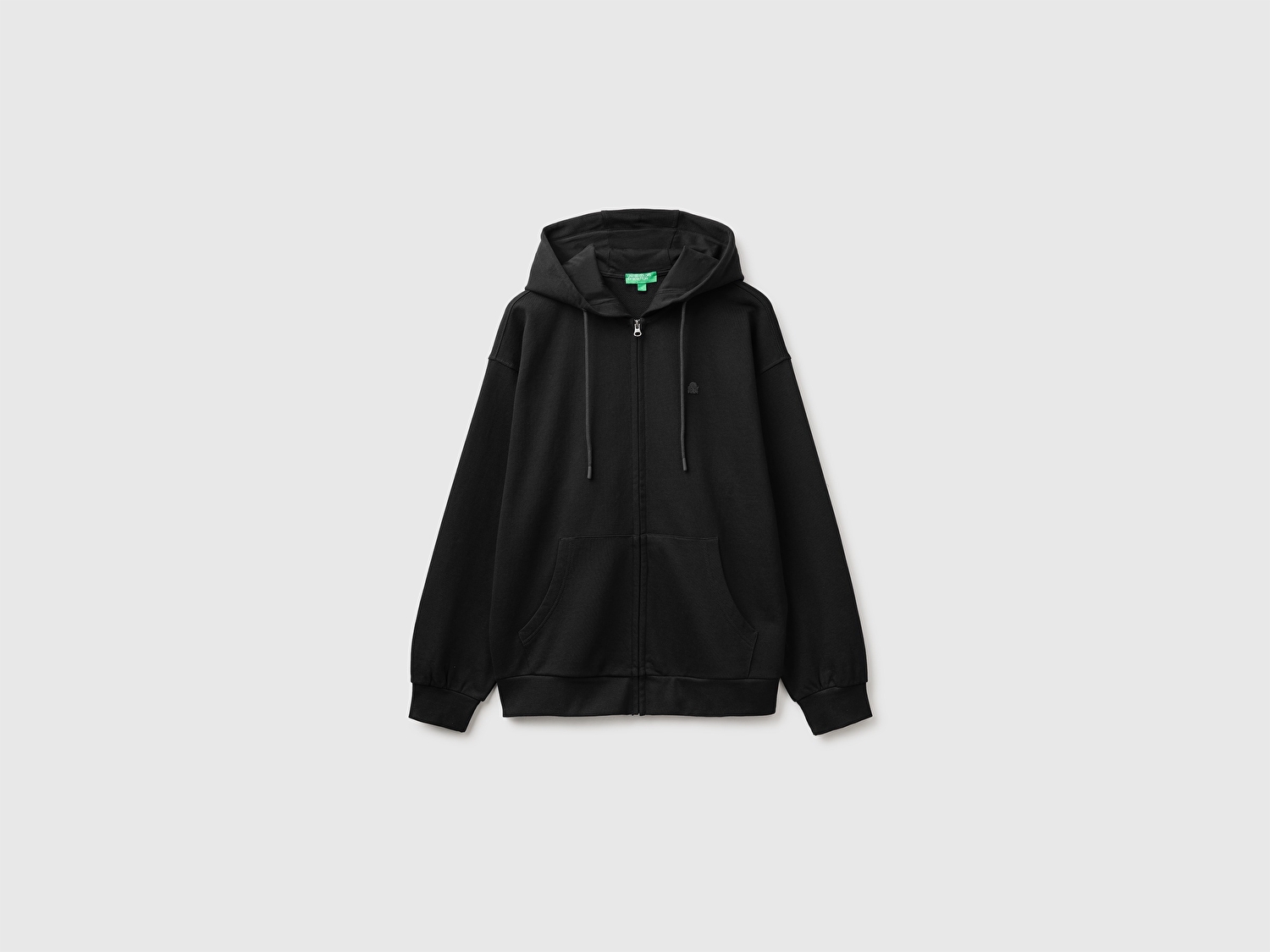 Benetton Erkek Siyah %100 Pamuk Dar Kesim Fermuarlı Kapüşonlu Sweatshirt