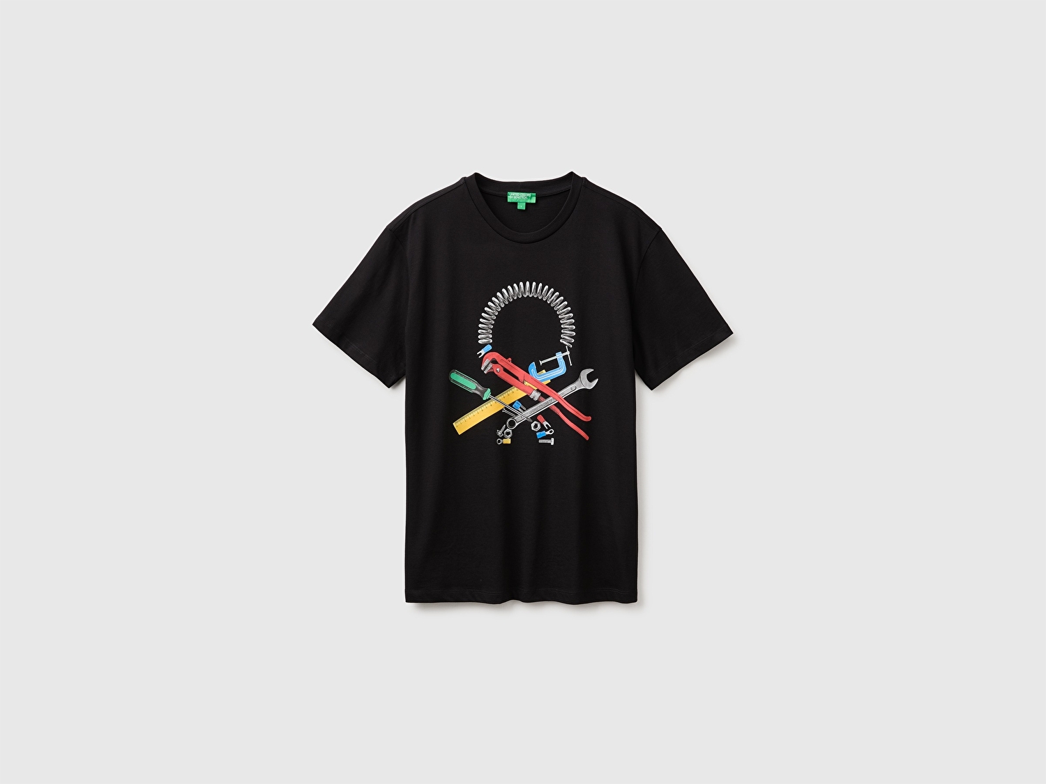 Benetton Erkek Siyah %100 Pamuk Önü Logo Baskılı Regular Fit Kısa Kollu T-Shirt