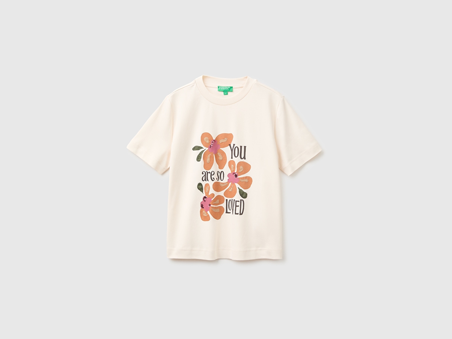 Benetton Kadın Krem %100 Pamuk İşlemeli Boxy Kısa Kollu T-Shirt
