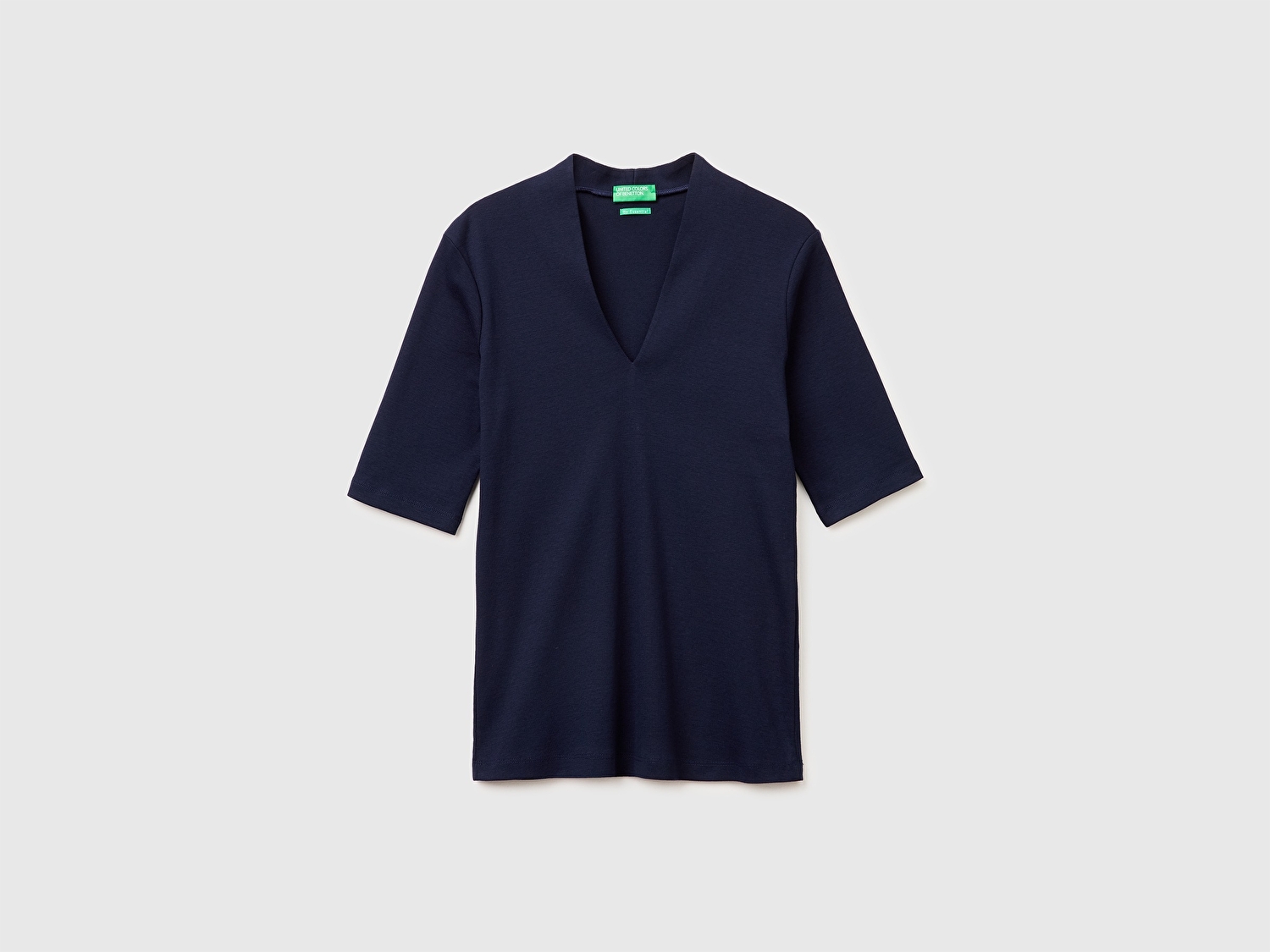 Benetton Kadın Lacivert %100 Pamuk Yarım Kollu Derin V Yaka T-Shirt