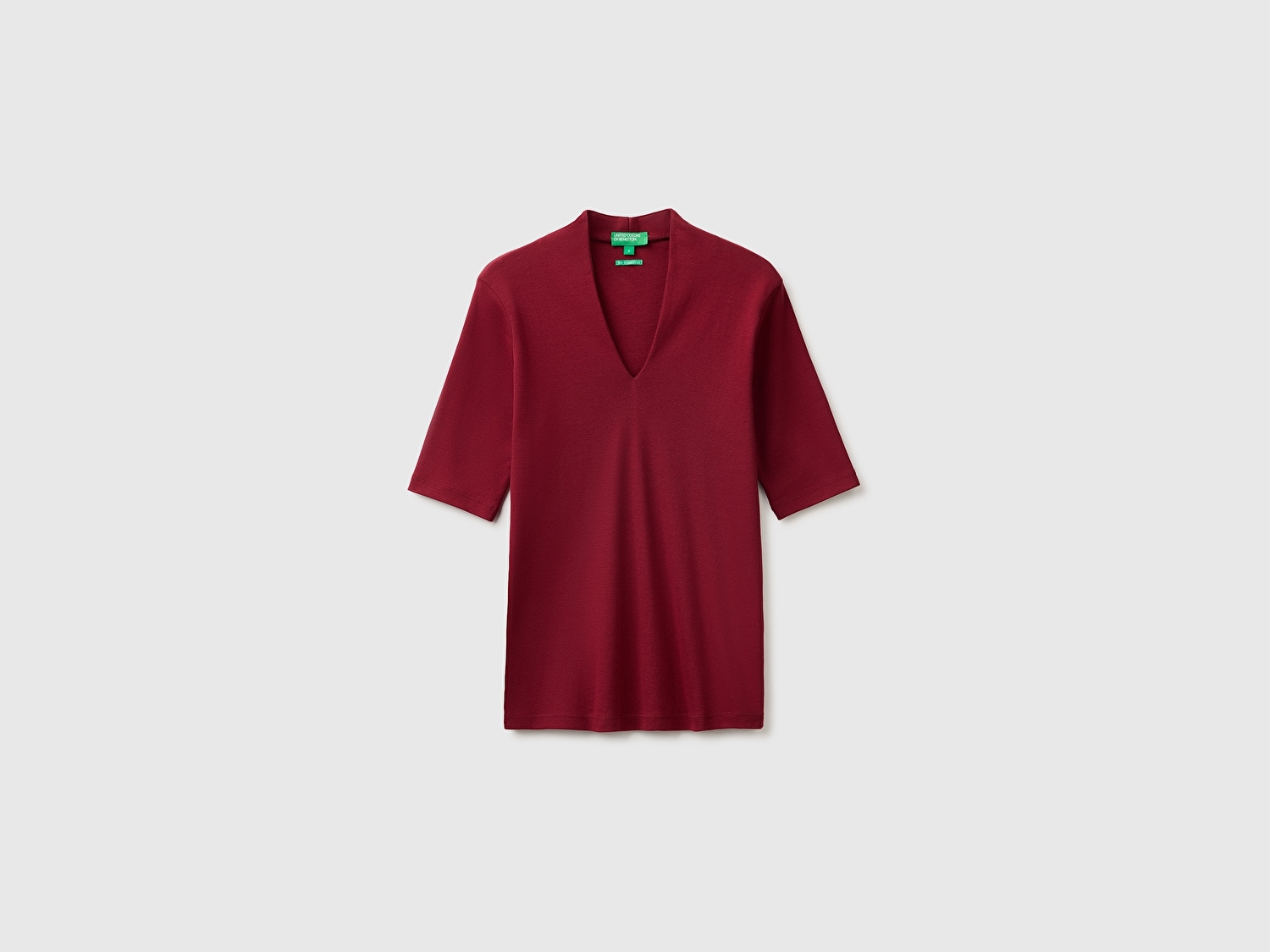 Benetton Kadın Mürdüm %100 Pamuk Yarım Kollu Derin V Yaka T-Shirt