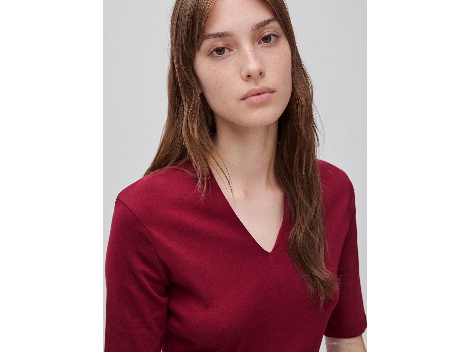 Benetton Kadın Mürdüm %100 Pamuk Yarım Kollu Derin V Yaka T-Shirt