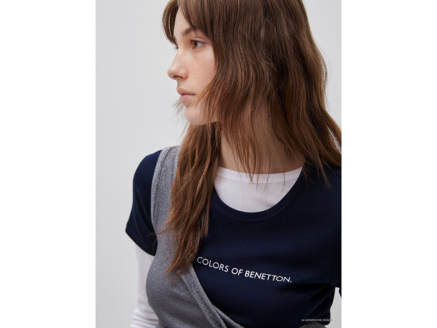 Benetton Kadın Lacivert %100 Pamuk Logo Baskılı Bisiklet Yaka T-Shirt