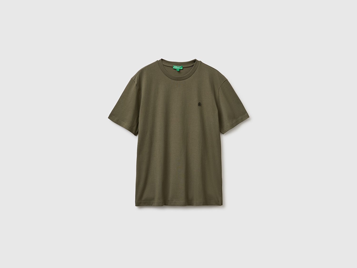 Benetton Erkek Koyu Haki %100 Koton Logolu Bisiklet Yaka T-Shirt