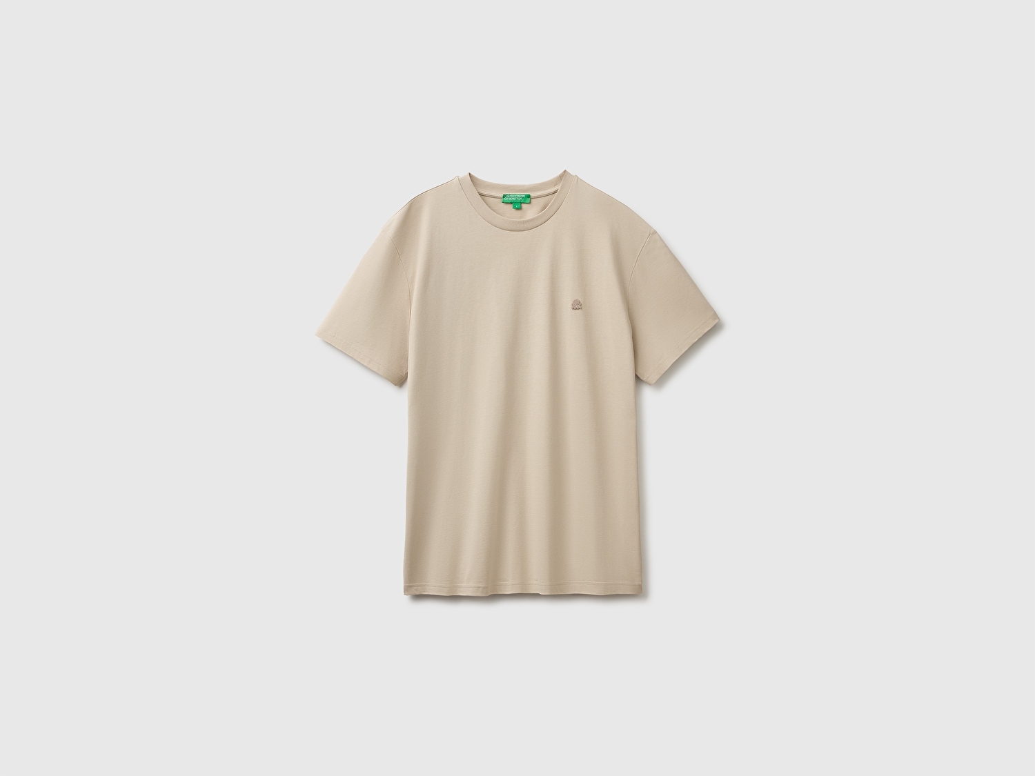 Benetton Erkek Bej %100 Koton Logolu Bisiklet Yaka T-Shirt
