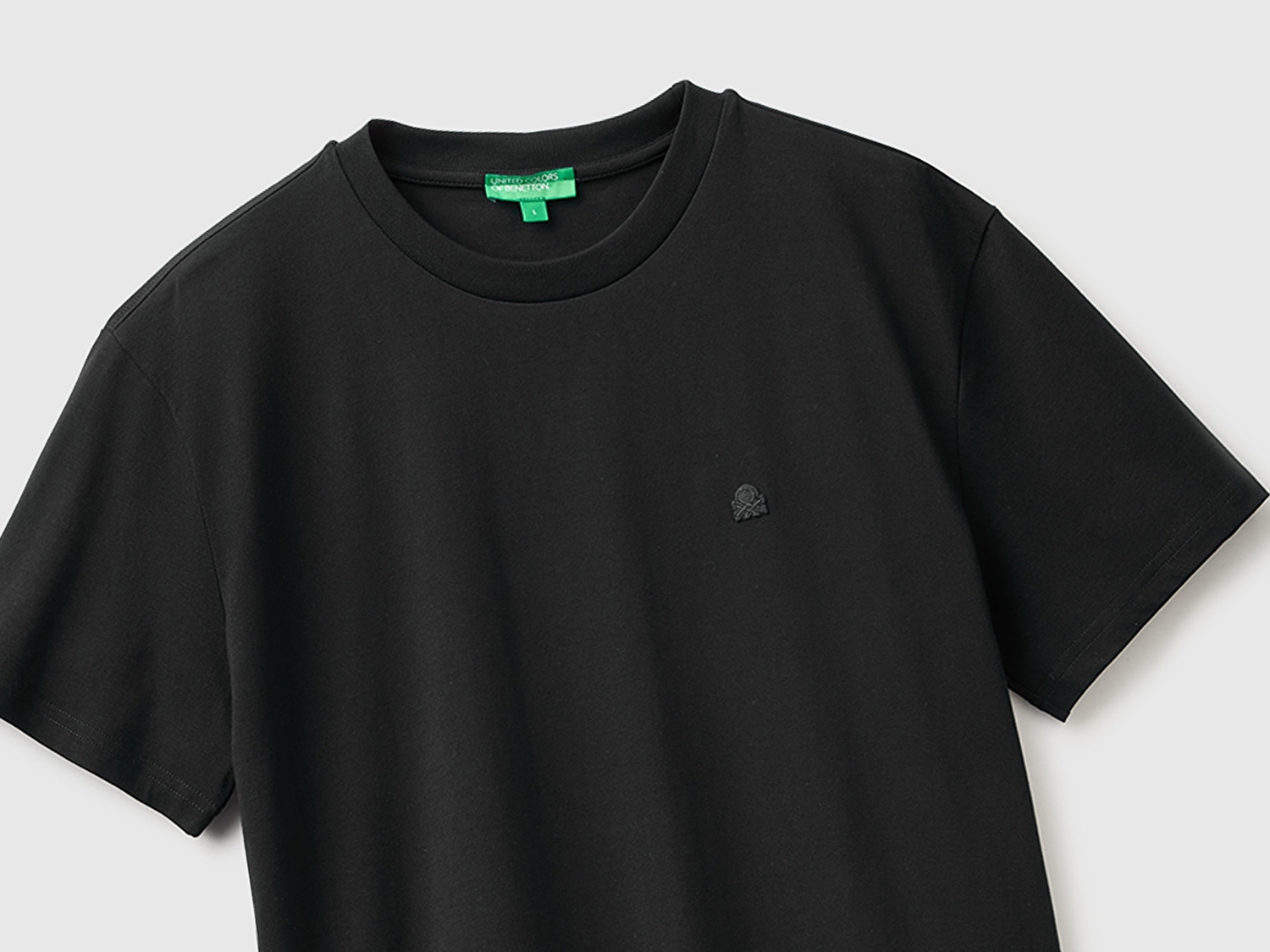 Benetton Erkek Siyah %100 Koton Logolu Bisiklet Yaka T-Shirt