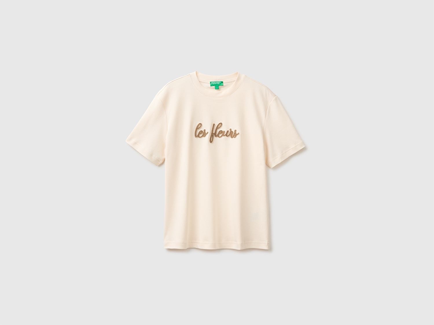 Benetton Kadın Krem %100 Pamuk İşlemeli Kısa Kollu T-Shirt