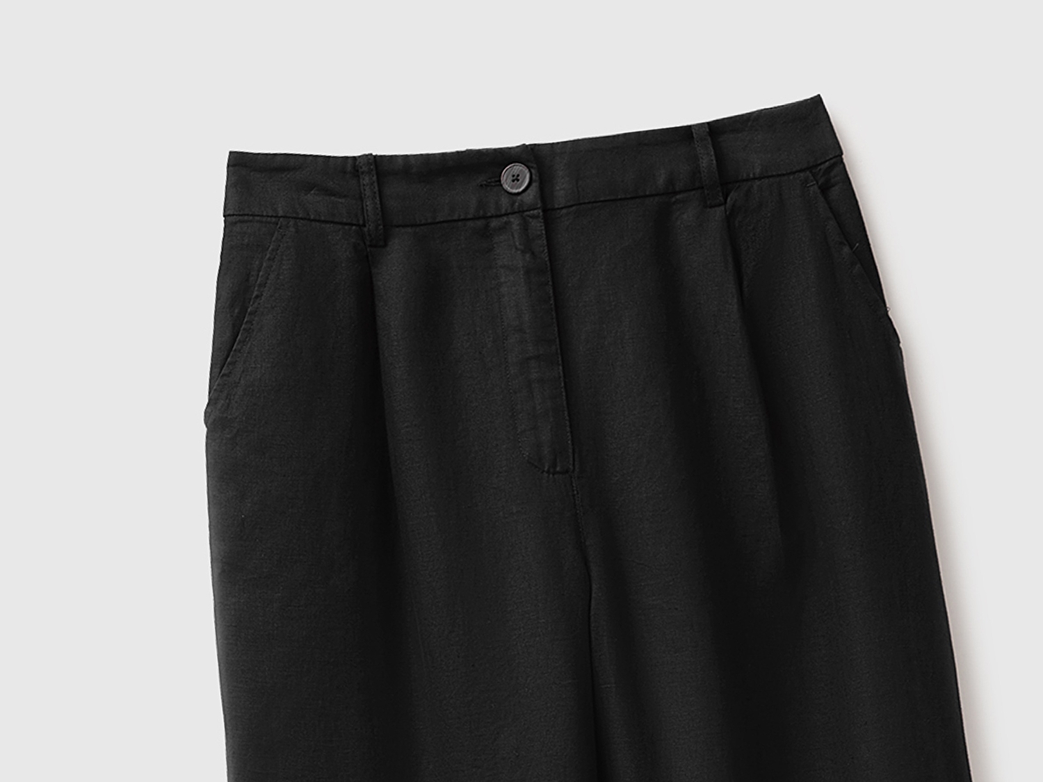 Benetton Kadın Siyah %100 Keten Cepli Pileli Pantolon