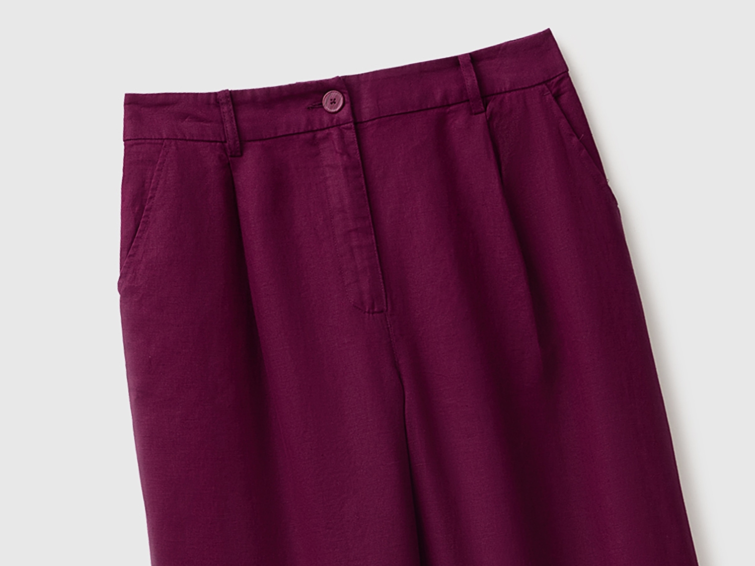 Benetton Kadın Koyu Mor %100 Keten Cepli Pileli Pantolon