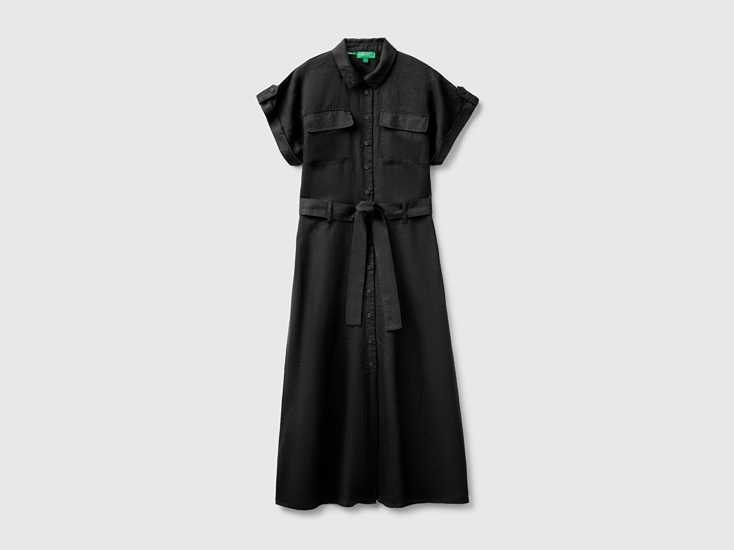 Benetton Kadın Siyah %100 Keten Cepli Kemerli Elbise