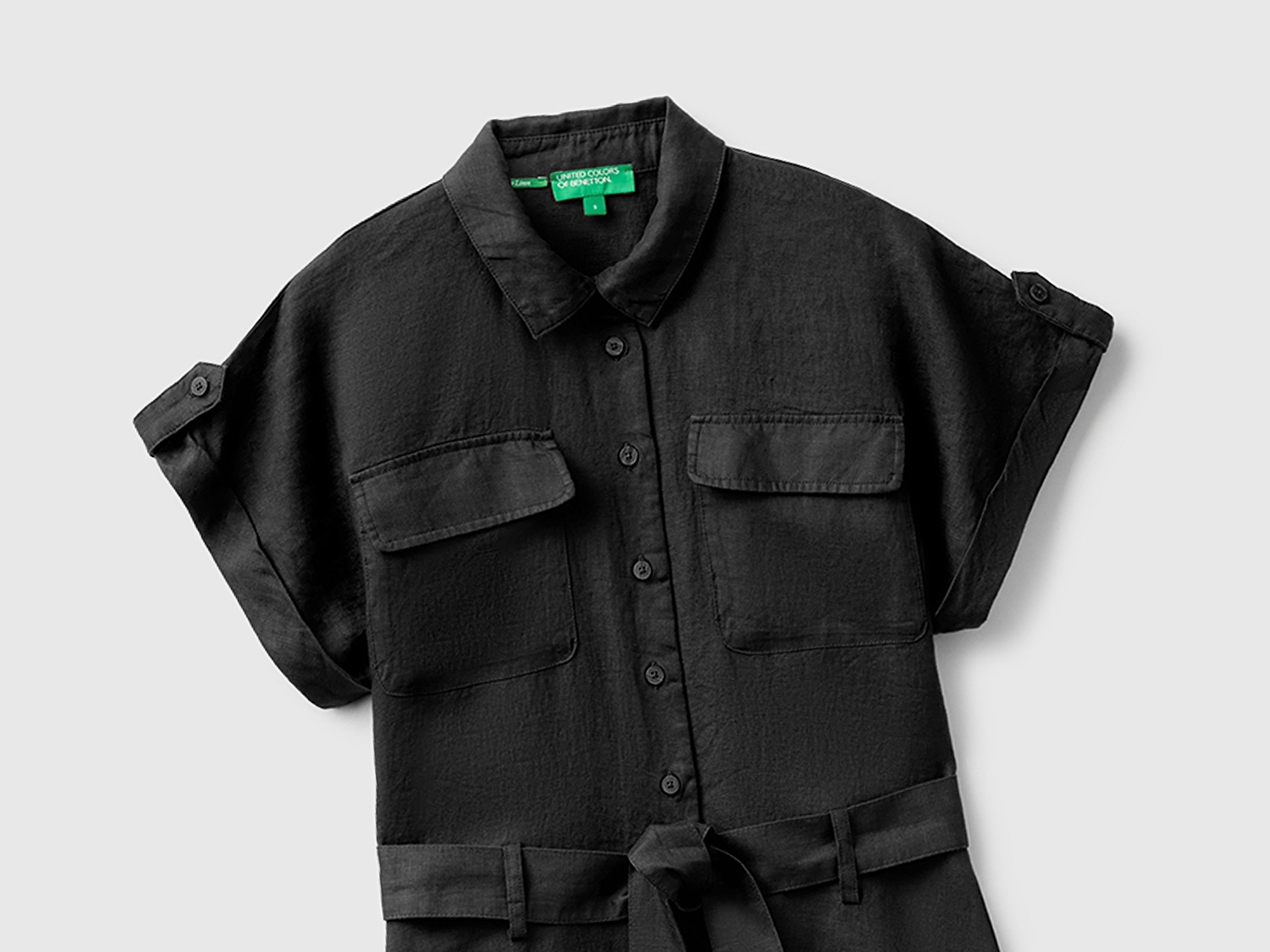 Benetton Kadın Siyah %100 Keten Cepli Kemerli Elbise