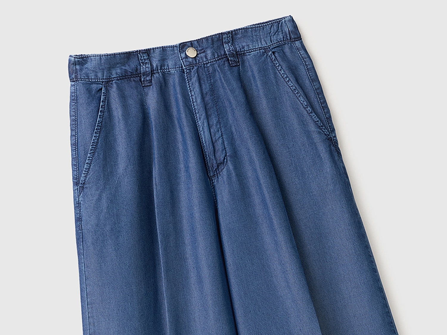 Benetton Kadın Mavi Bol Paça Cepli Denim Pantolon